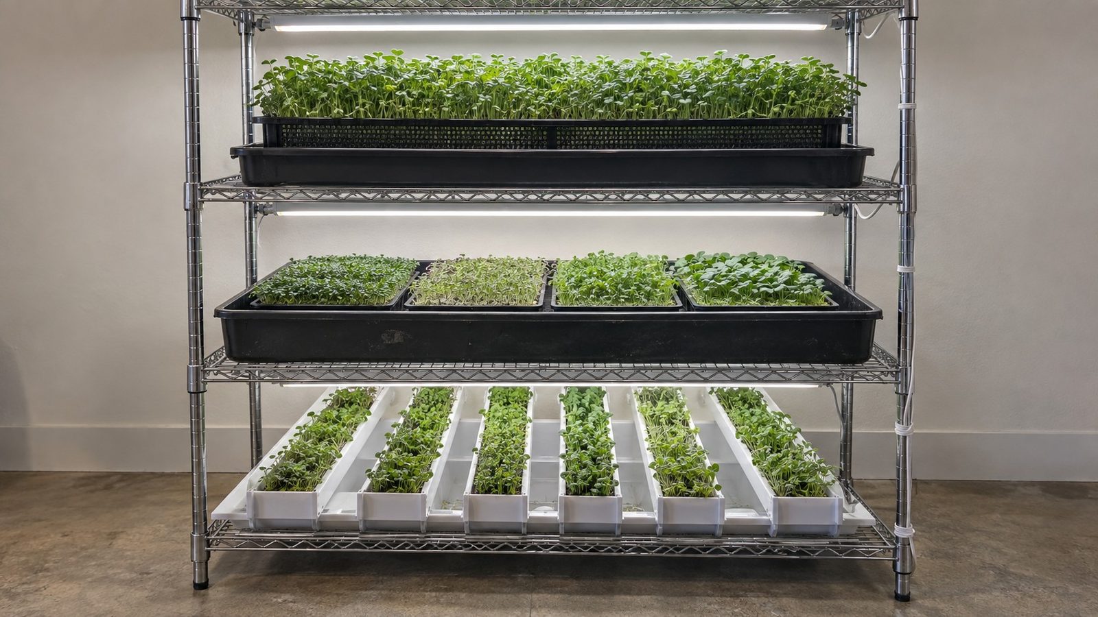 Wire rack in a grow room with three soil free microgreen setups on separate shelves: a mesh tray over a shallow water tray, a black flood table with trays on fiber mats, and narrow white channels growing microgreens