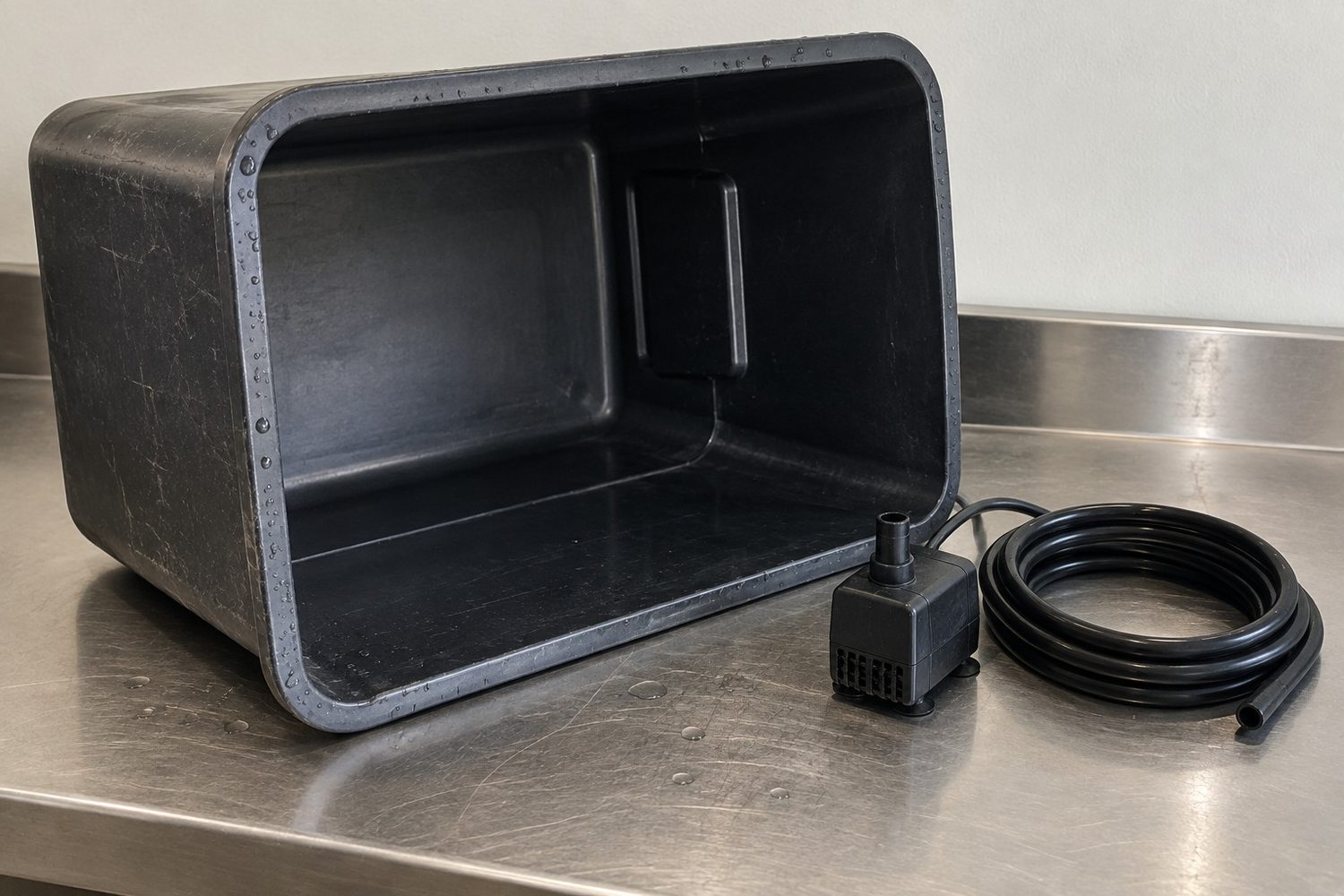 Empty plastic reservoir tub lying on its side on a stainless steel table, beside a small submersible pump and a neat coil of tubing