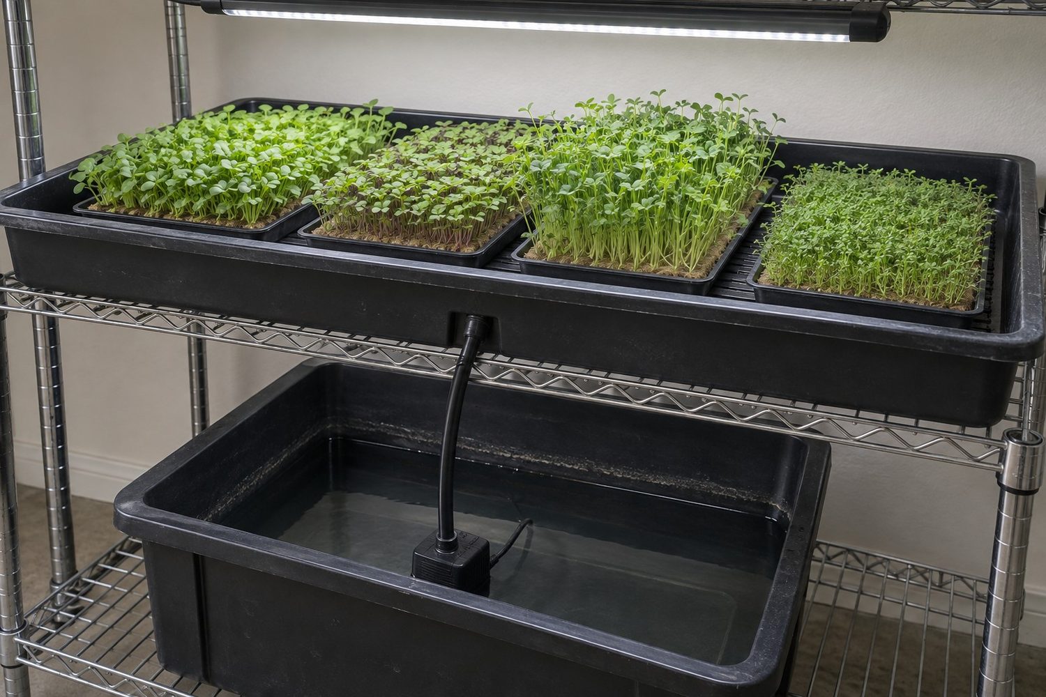 Black two by four foot flood tray on a rack shelf holding several trays of green microgreens on hemp mats, with a black reservoir tub below containing a submersible pump and tubing
