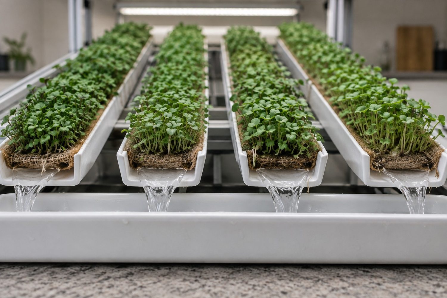 Several narrow white channels set at a slight slope, each lined with burlap and a dense row of green microgreens, with a thin trickle of water running from the low ends into a gutter