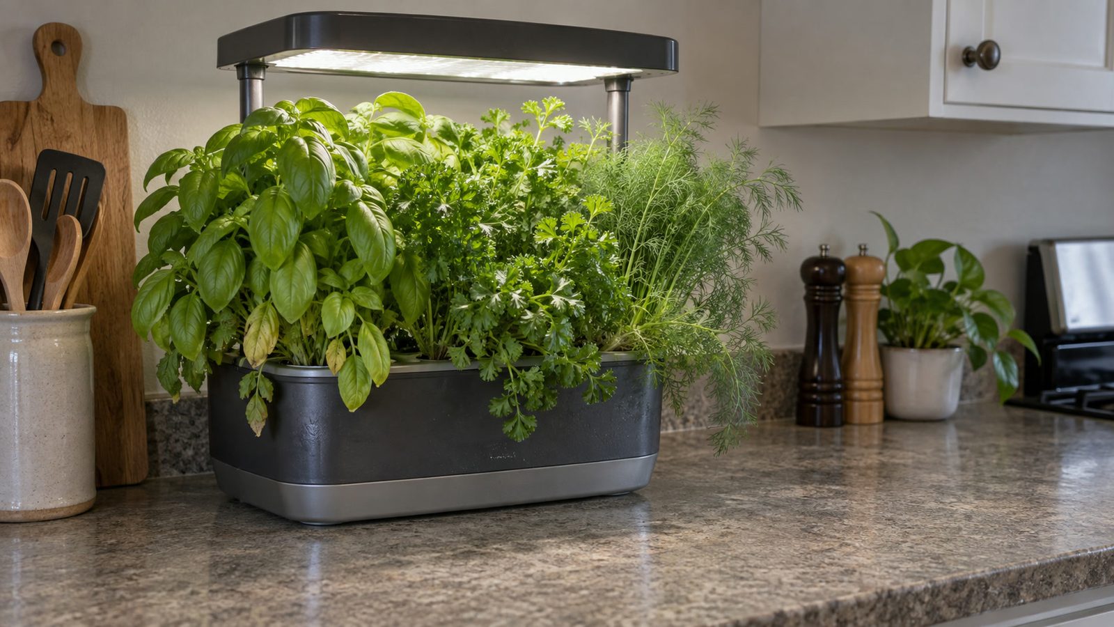 Well-used countertop hydroponic garden on a kitchen counter with its lamp raised over a thick crown of basil, parsley and dill spilling over the deck