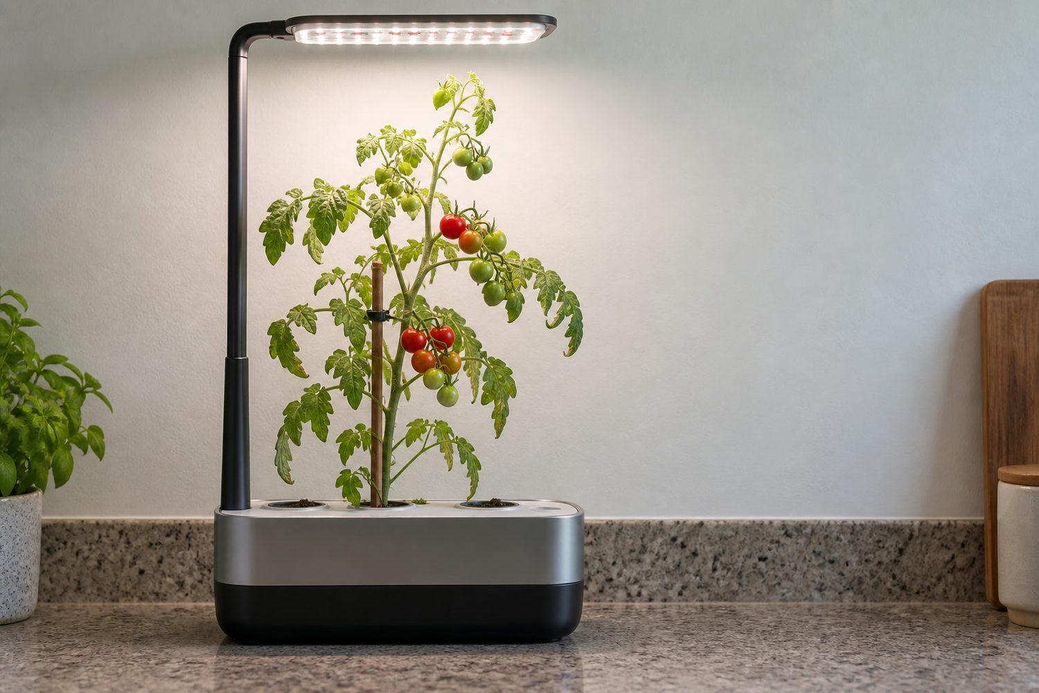 Tall countertop hydroponic garden with its lamp arm raised near full height above a cherry tomato plant carrying small green and red fruit, supported by a short plain stake