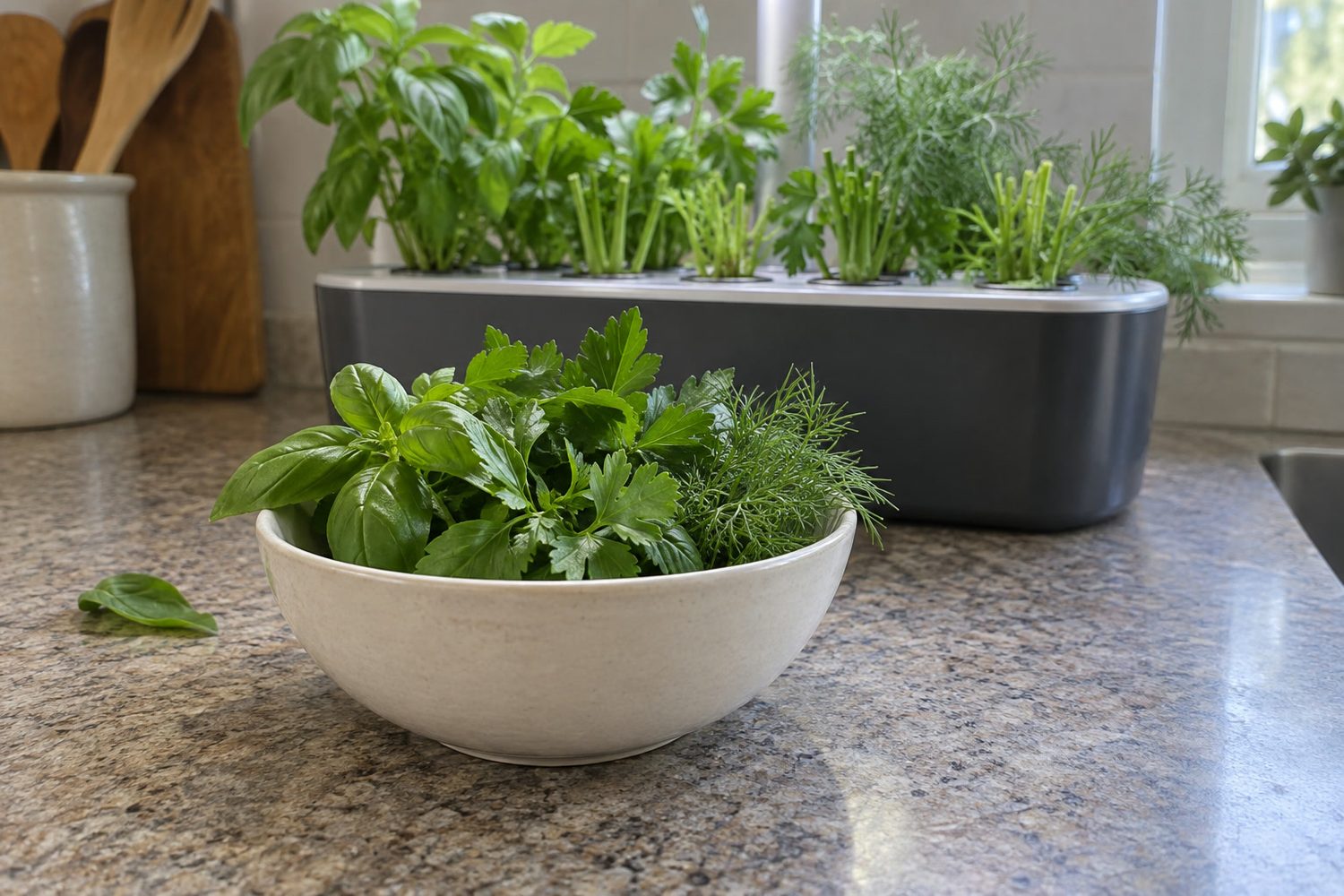 Small plain bowl of freshly cut basil, parsley and dill on a kitchen counter in front of the countertop hydroponic garden they were cut from