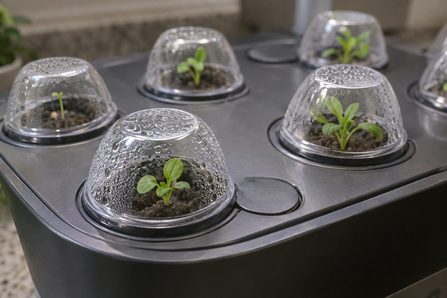 Grow deck of a countertop hydroponic garden with small clear plastic domes over several pods, tiny seedlings just up inside each dome with a little condensation on the plastic