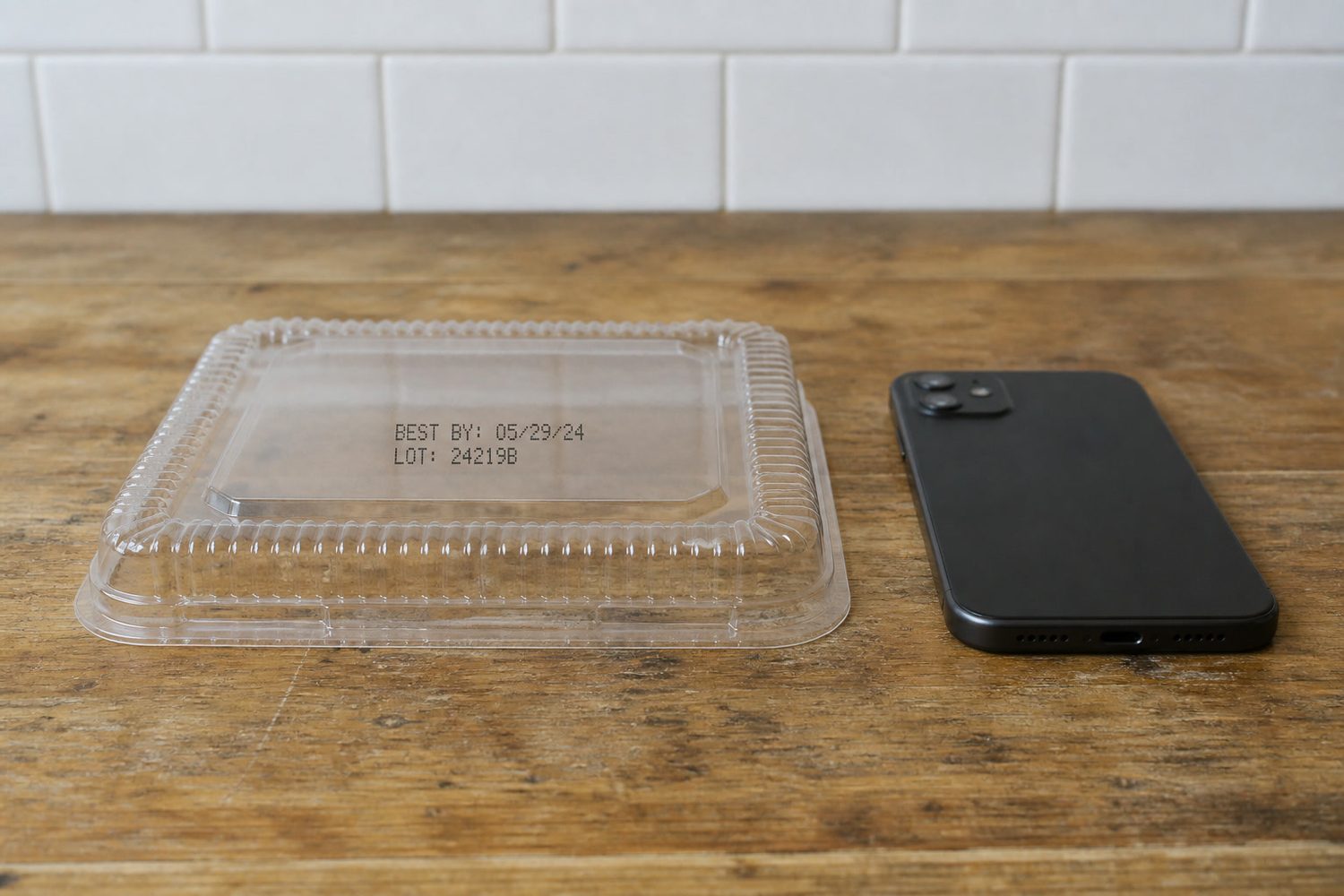 An empty plain clear salad clamshell turned upside down on a worn wooden kitchen counter, the underside of the lid facing up with an inkjet stamp reading BEST BY: 05/29/24 and LOT: 24219B clearly legible on the plastic, a phone lying face down to the right, photographed side on at counter height in flat daylight with no brand names or packaging artwork in frame