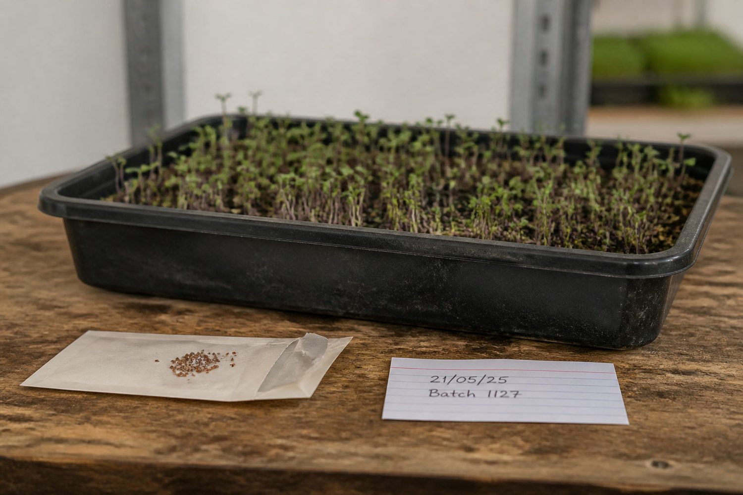 A black growing tray of young microgreens standing on a worn wooden bench, with an opened plain seed packet laid flat in front of it holding a small spill of fine brown seed, and a lined white index card beside it handwritten in ballpoint reading 21/05/25 and Batch 1127, photographed side on at bench height in flat daylight with no printed branding on the packet