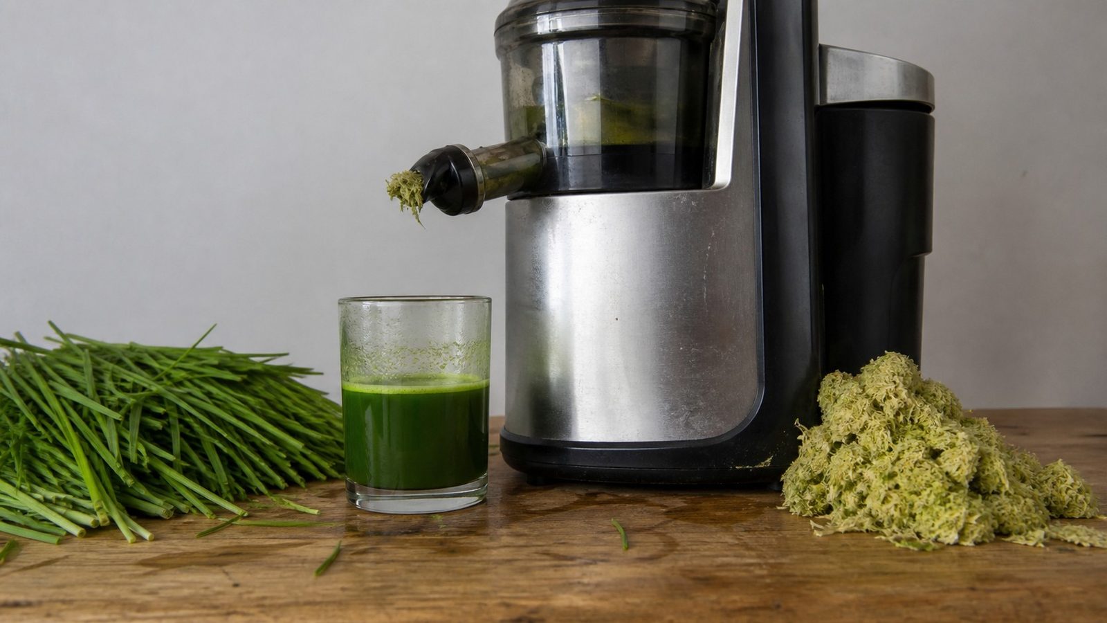 A small glass of dense green juice standing beside a masticating juicer on a kitchen bench, with a heap of cut wheatgrass on one side and a mound of pale spent pulp on the other, photographed side on at bench height in flat daylight
