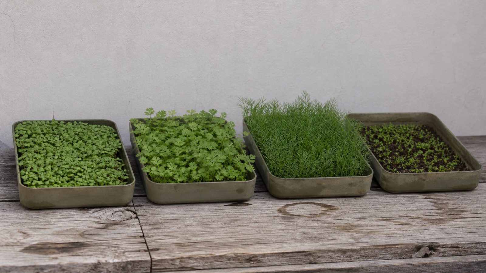 Four shallow trays of herb microgreens at visibly different stages on a worn potting bench, a dense low stand of basil with rounded seed leaves, feathery cilantro, fine upright dill and a thin patchy tray of parsley barely covering its medium, photographed side on at bench height in flat daylight