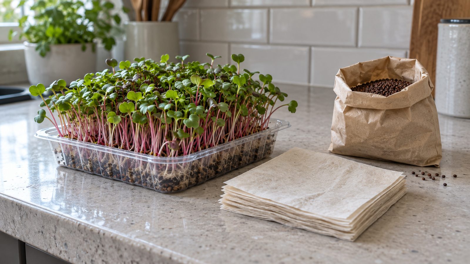 Kitchen counter with a small plastic kit tray of radish microgreens beside a short stack of plain folded pale fiber seed sheets and an open plain paper bag of loose seed