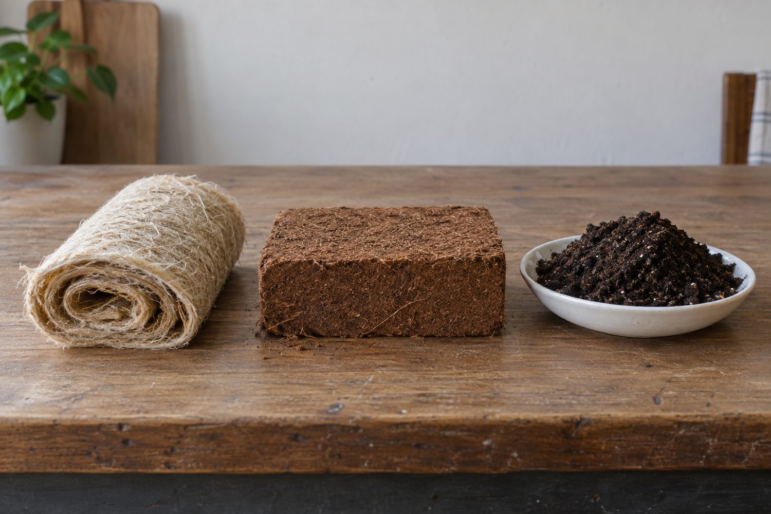Three growing media side by side on a wooden table: a loosely rolled pale hemp mat, a compressed brown coco coir brick and a small mound of dark potting mix in a shallow dish