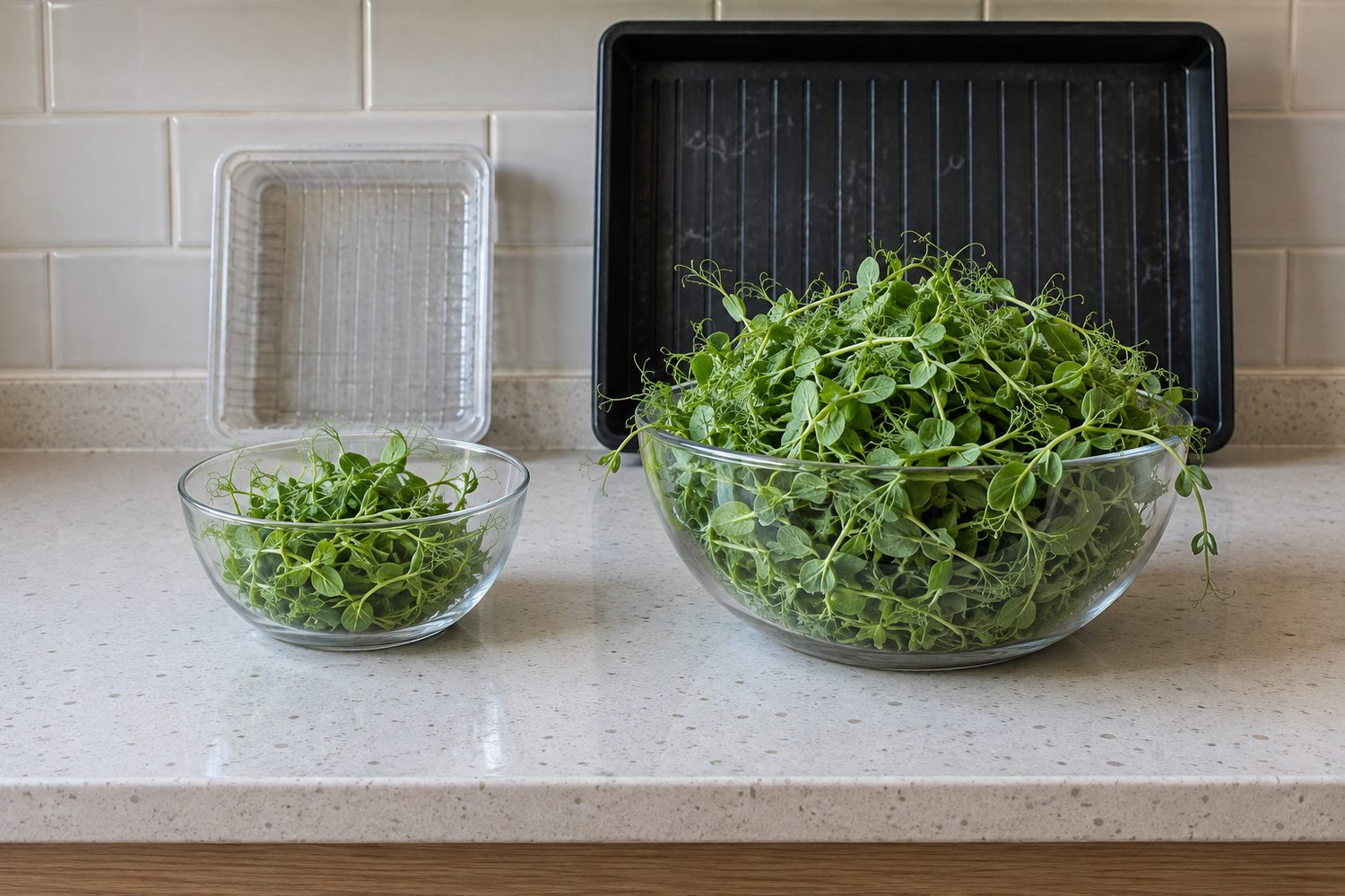 Two glass bowls of cut pea shoots on a kitchen counter, a small bowl in front of an empty small kit tray and a much larger bowl in front of an empty full size tray