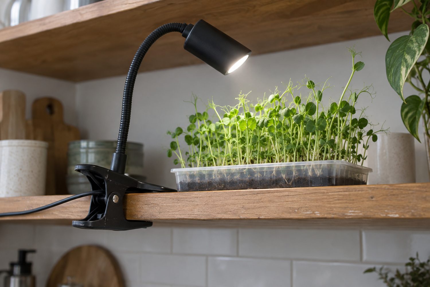 Small kit tray of pea shoots on a kitchen shelf under a compact clip on LED grow light fixed to the shelf edge