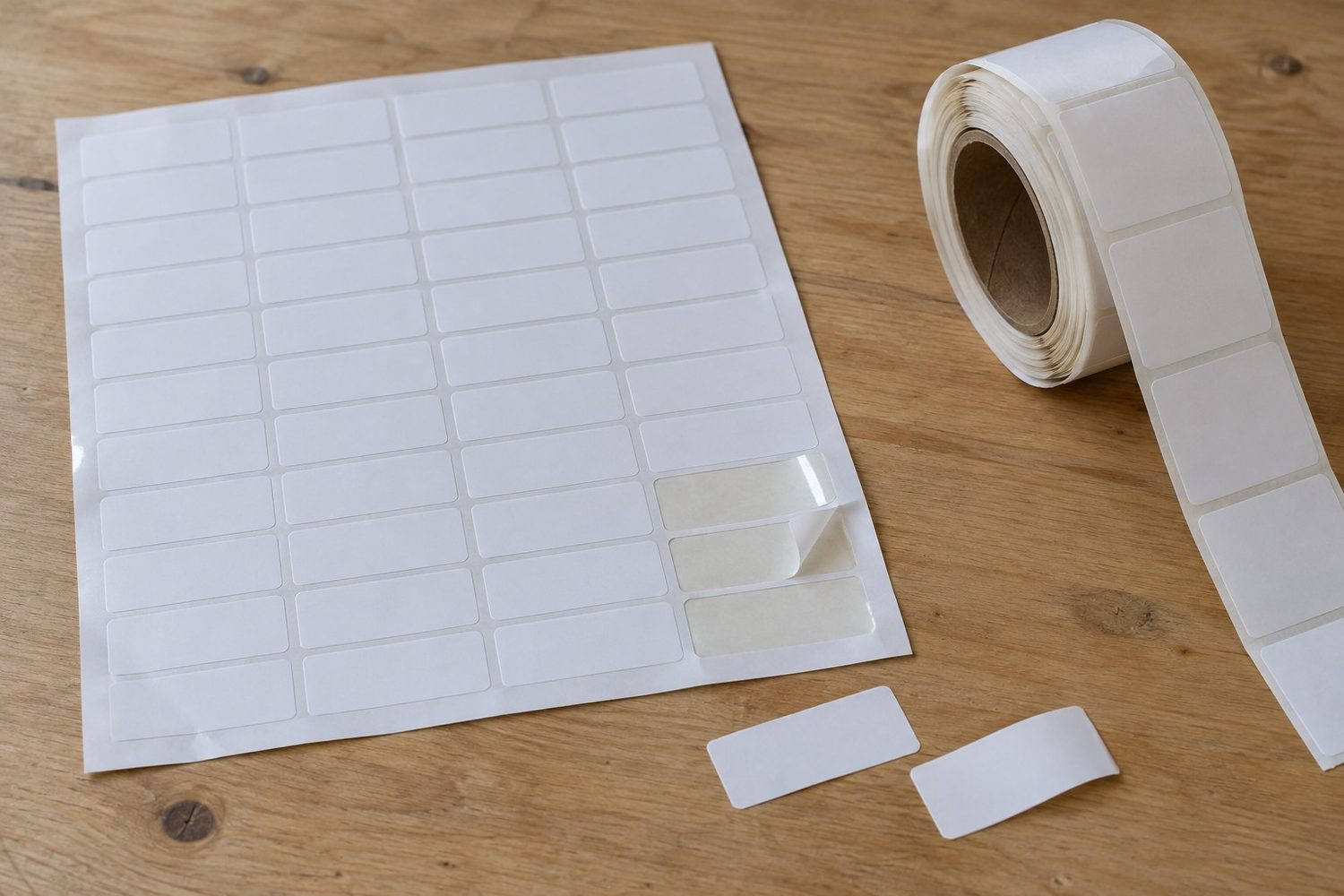 Sheet of blank white rectangular sticker labels with a few peeled away, lying on a wooden table beside a roll of blank white square labels