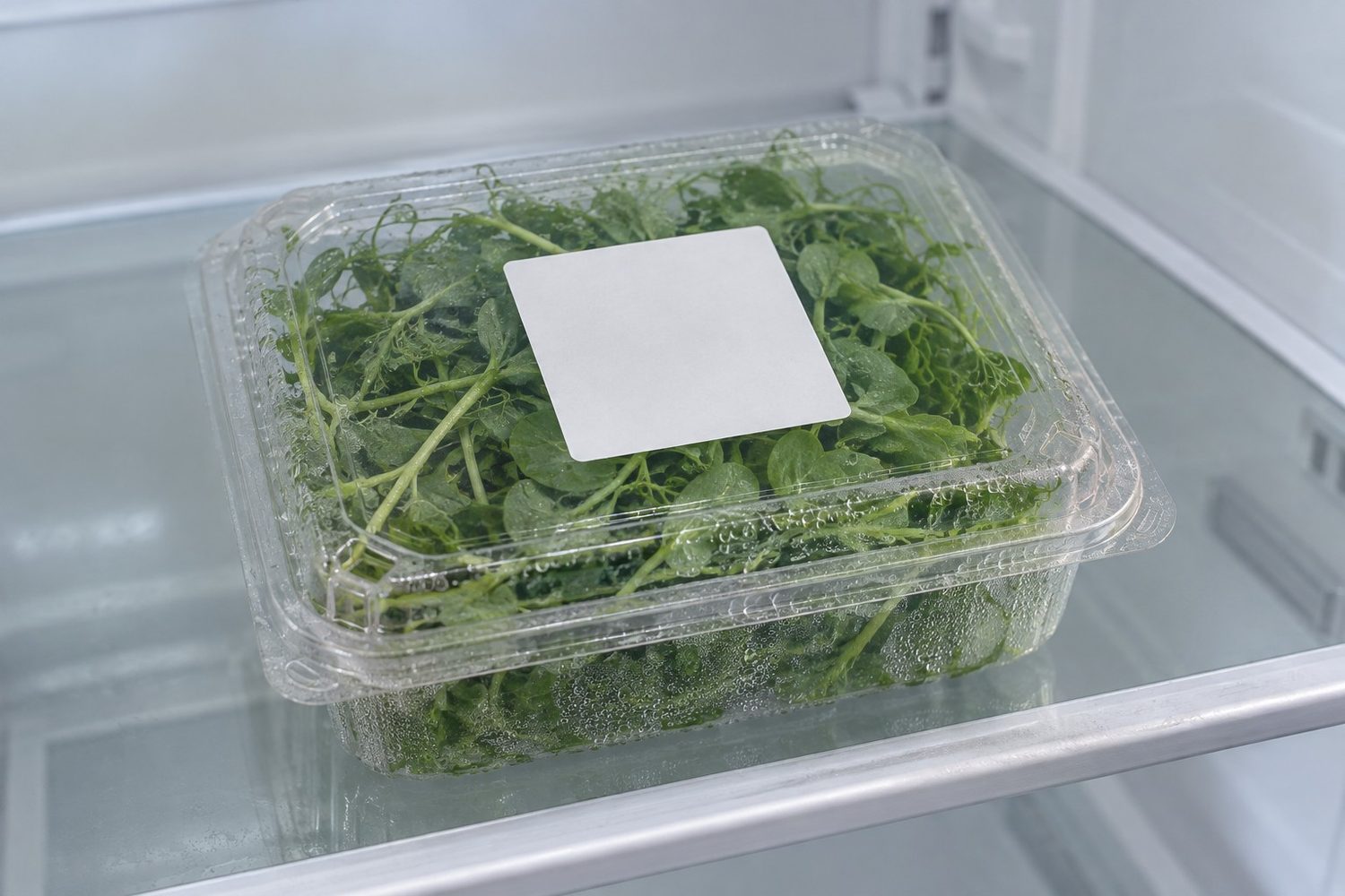 Closed clear plastic clamshell of pea shoots on a refrigerator shelf, fine beads of condensation on the plastic, and a blank white square label stuck flat on the lid