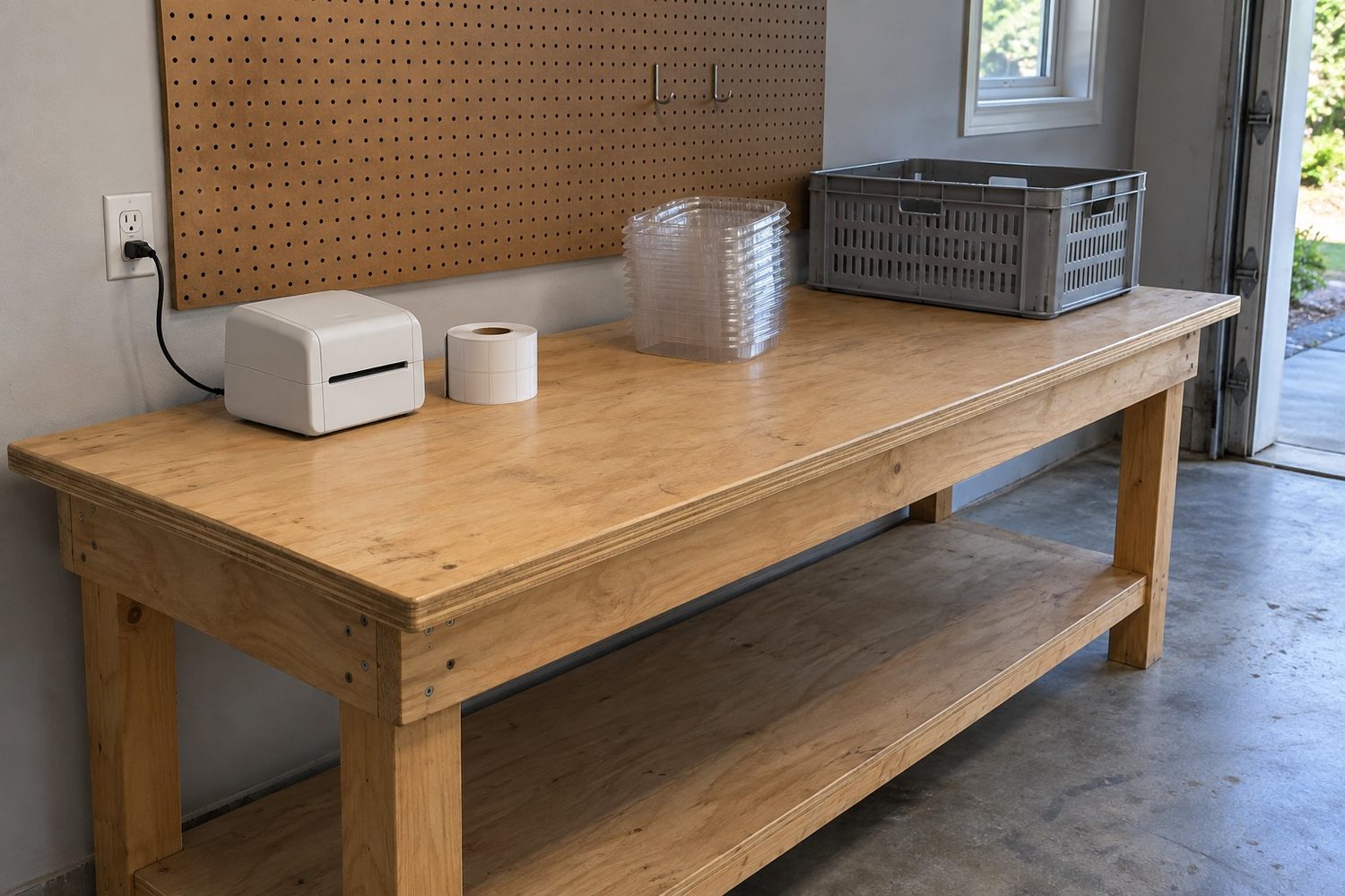 Tidy packing station on a wooden workbench in a clean garage with a small white label printer, a roll of blank white labels, a stack of empty clear clamshells and an empty gray plastic crate