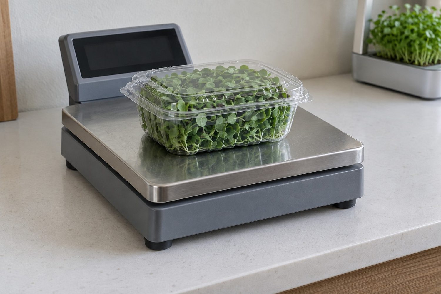 Stainless steel flat platform retail produce scale on a packing counter with a closed clear clamshell of microgreens resting on the platform and a dark, blank display