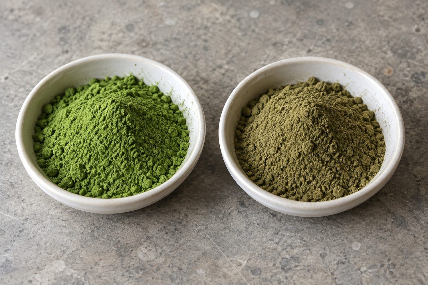 Two small white dishes of fine microgreen powder side by side, one bright green and the other a duller olive green