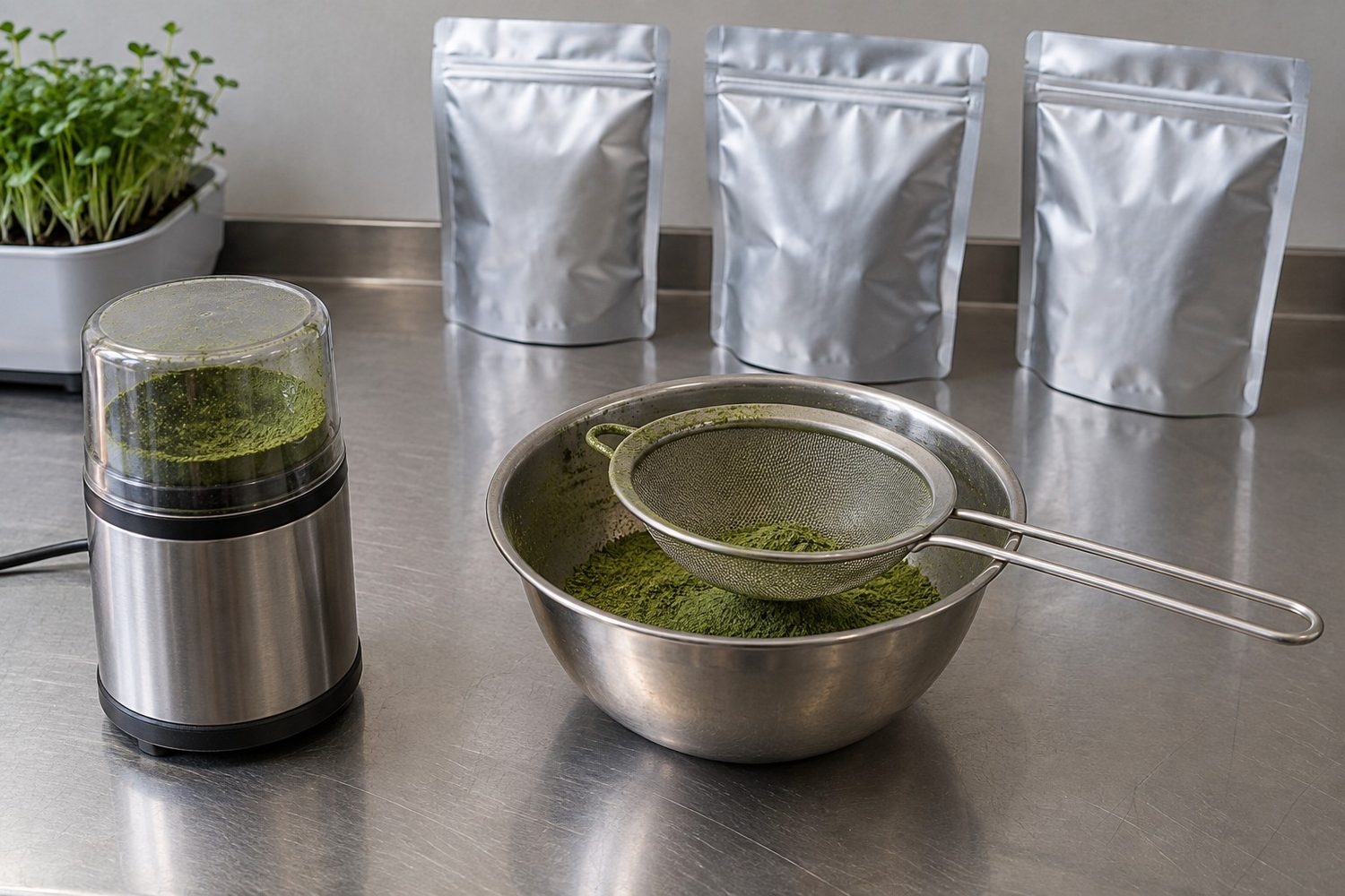 Stainless steel work surface with a small electric spice grinder, a fine mesh sieve over a bowl of green powder and three plain foil zip pouches