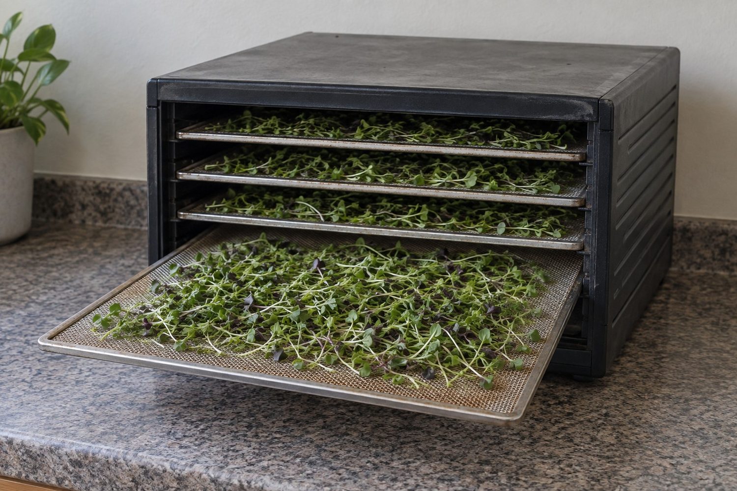 Open box style food dehydrator with one mesh tray pulled partly out, spread with a thin single layer of drying microgreens