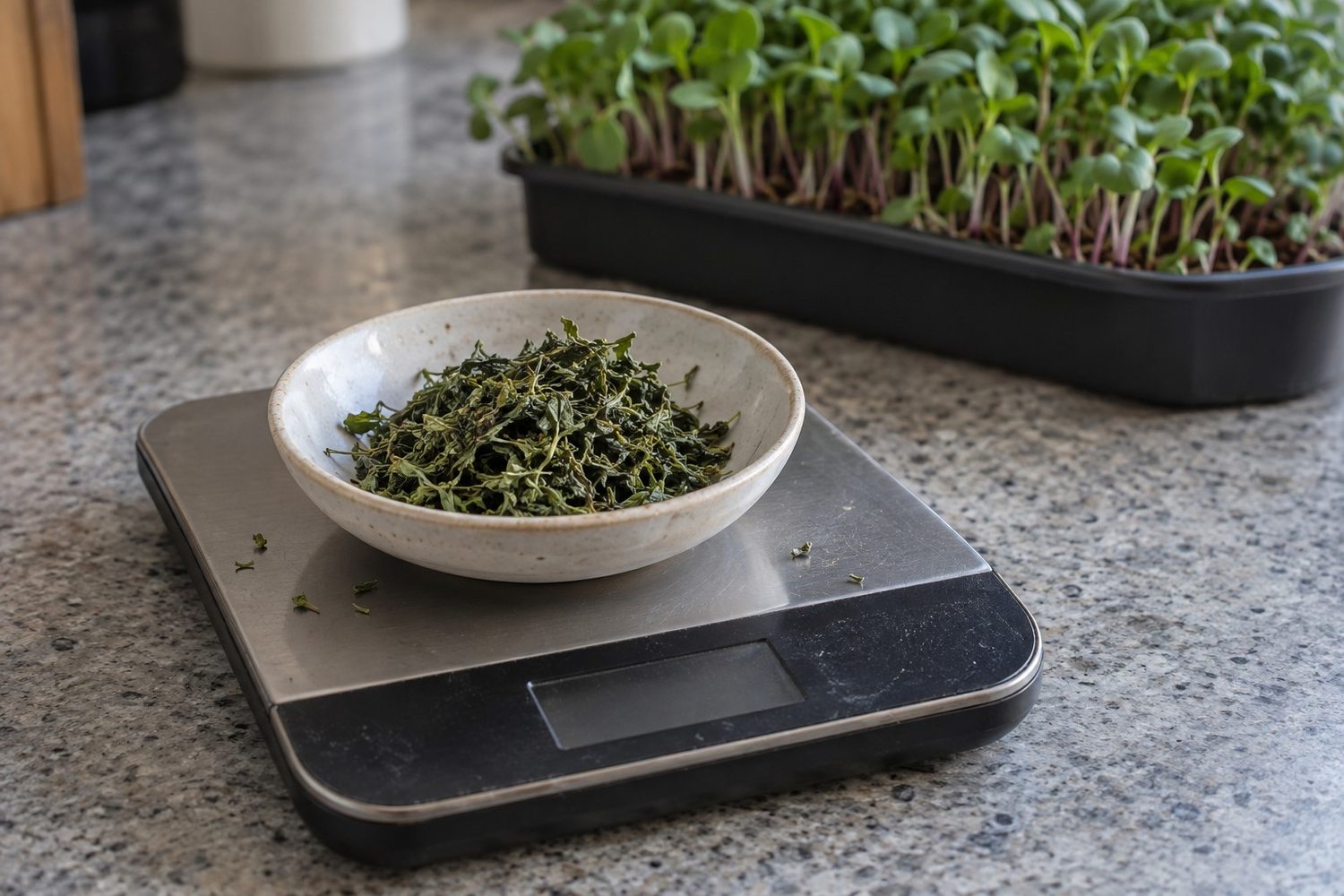 Shallow dish with a small crumbly heap of dried dark green microgreens on a digital kitchen scale with a blank display, a fresh radish tray behind