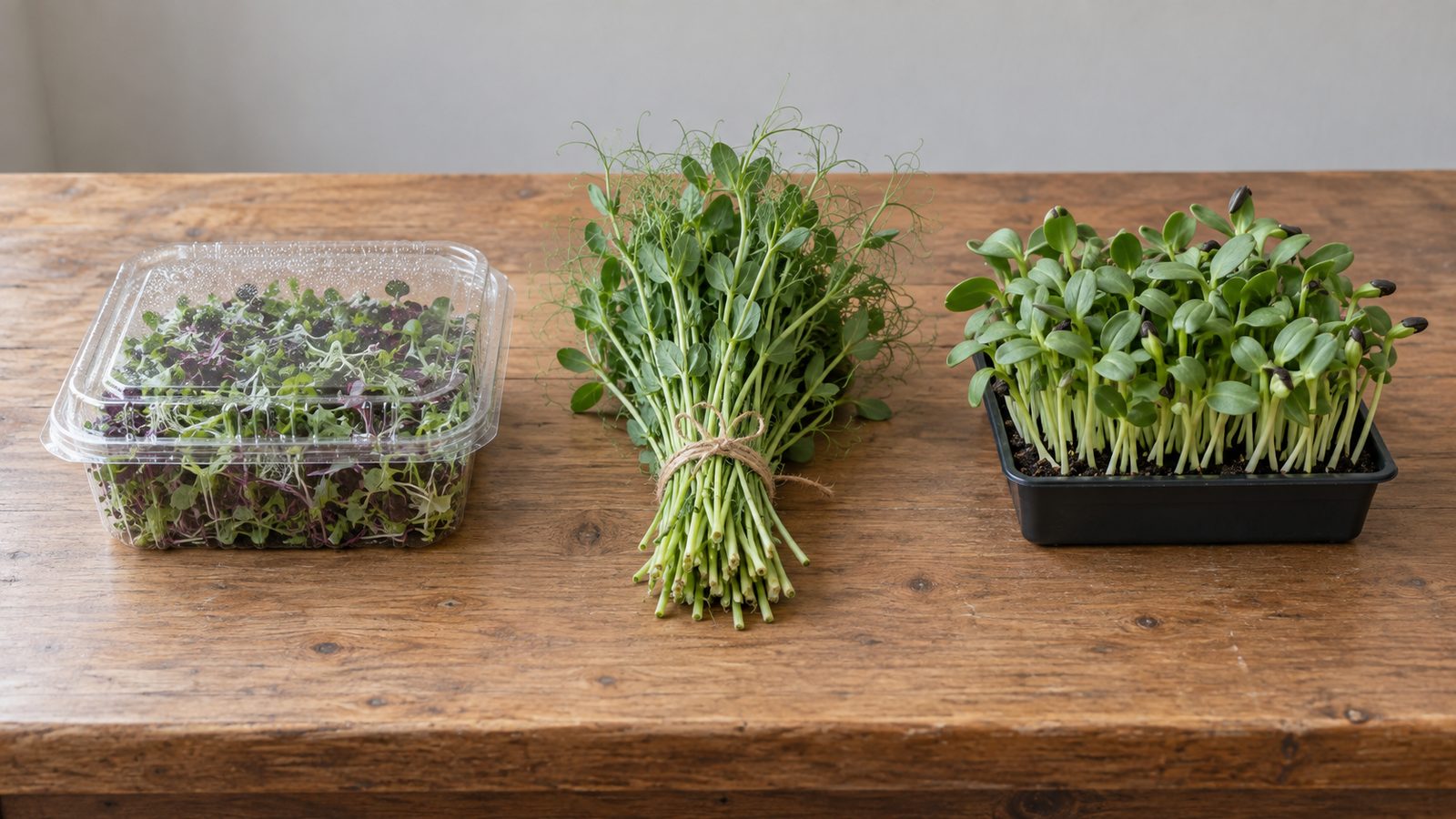 Wooden table holding a closed clear clamshell of mixed microgreens, a bunch of pea shoots tied with plain twine and a small living tray of sunflower shoots, side by side