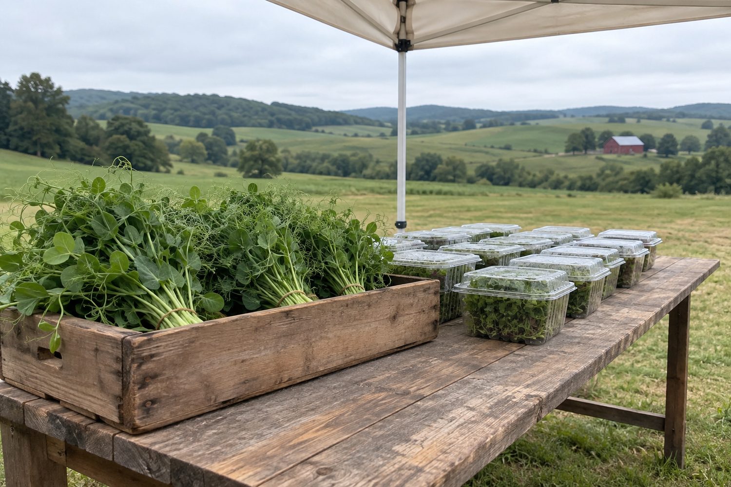 Wooden farmers market table under a plain canvas canopy with bunches of pea shoots and closed clamshells of microgreens, rolling green hills and a red barn in the distance