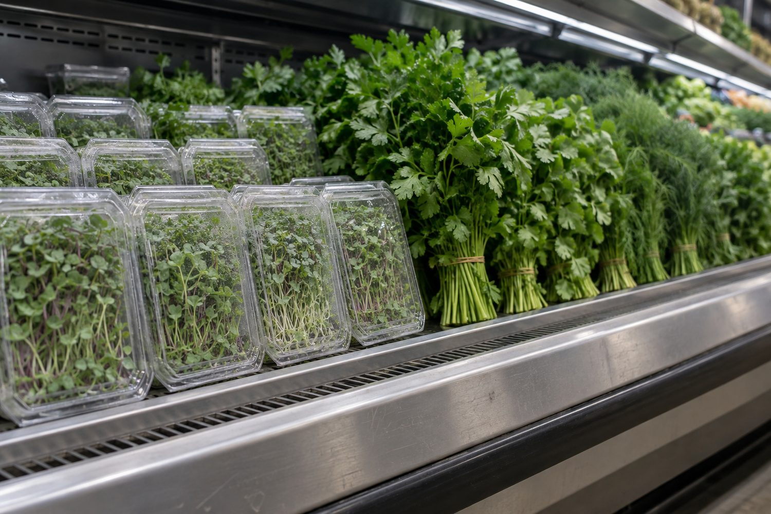 Refrigerated grocery produce case with neat rows of closed clear clamshells of microgreens beside upright bunches of fresh herbs