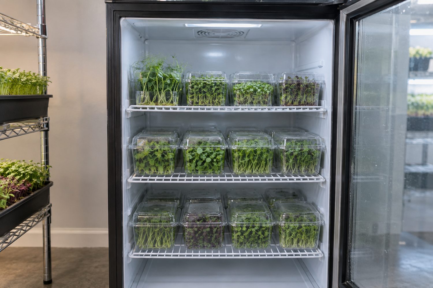 Open glass front beverage style refrigerator in a clean home grow room, its shelves holding rows of closed clear clamshells of microgreens