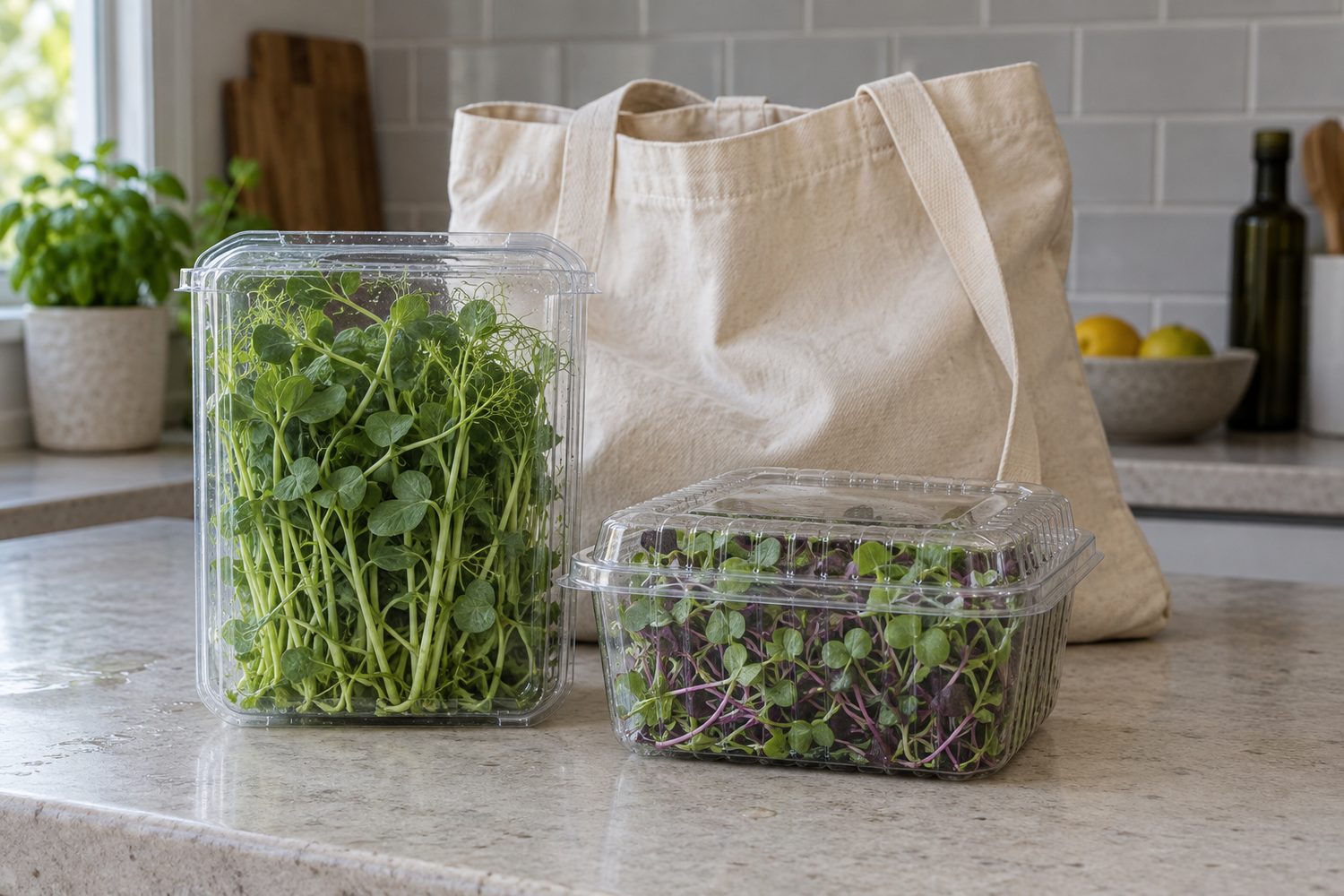 Plain canvas tote bag on a kitchen counter with two different closed clamshells of microgreens in front of it, one of pea shoots and one of mixed microgreens