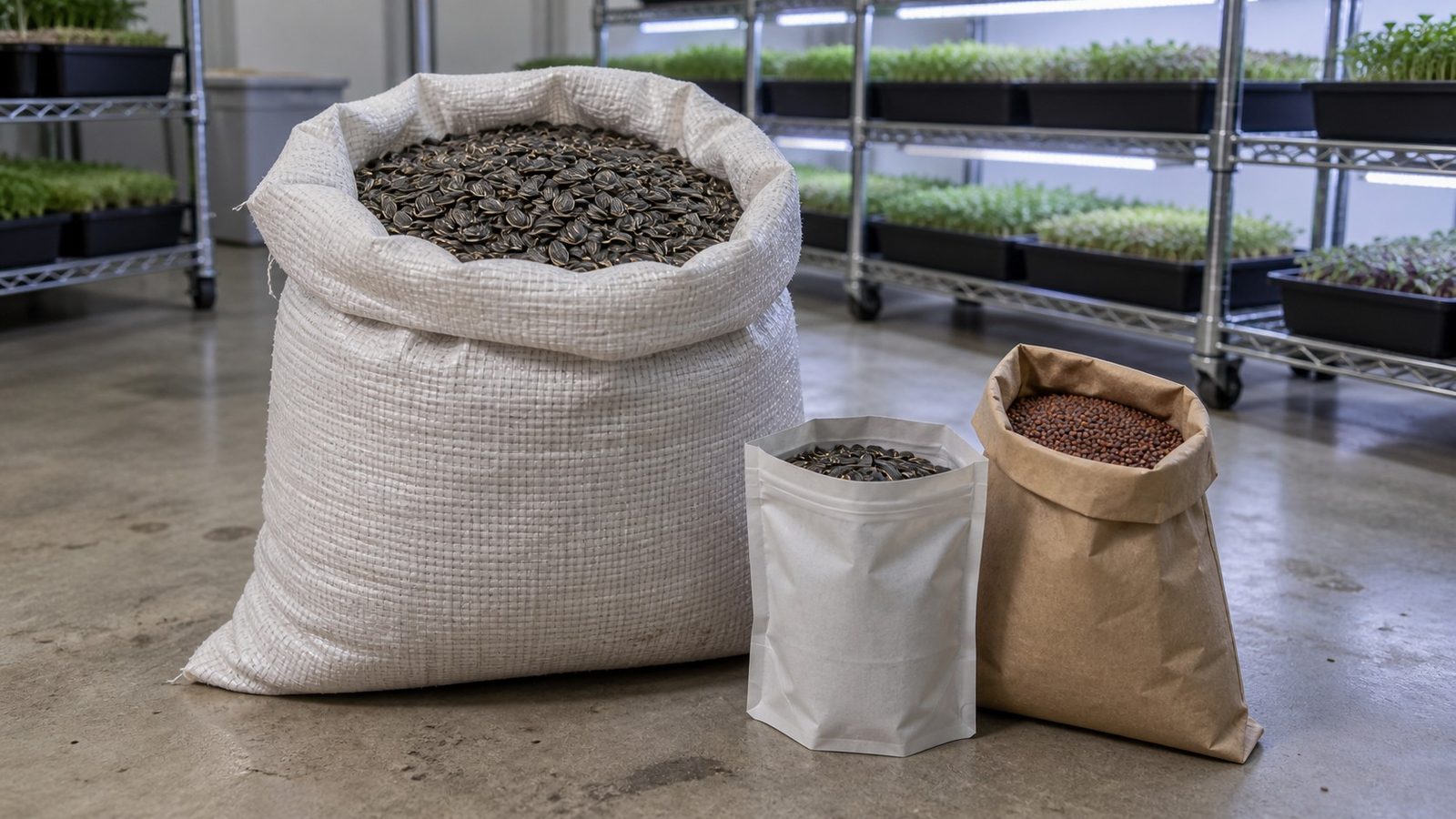Large plain woven sack of black oil sunflower seed folded open on a grow room floor beside a small plain pouch of the same seed and a plain kraft paper bag of radish seed, with a rack of trays blurred behind
