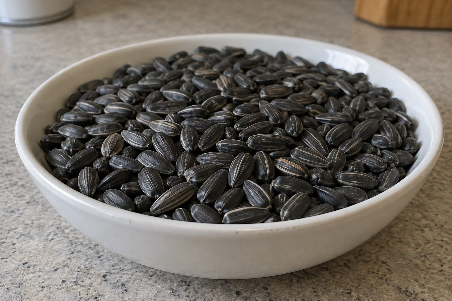 Shallow white dish filled with small whole black oil sunflower seeds, dark with faint gray stripes and evenly sized