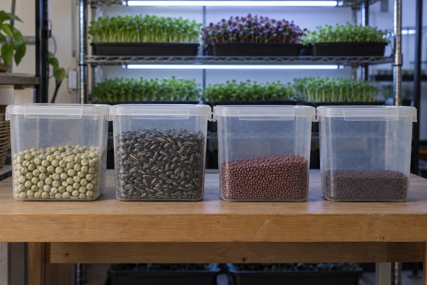 Low shelf holding four clear lidded storage bins of pea, sunflower, radish and broccoli seed, with a rack of growing trays behind