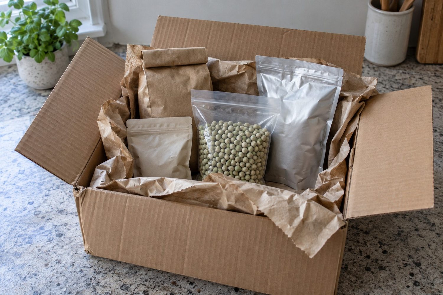 Opened plain cardboard shipping box on a kitchen counter with brown packing paper folded back, holding a plain kraft paper bag, a clear pouch of pea seed, a plain foil pouch and other unprinted seed bags