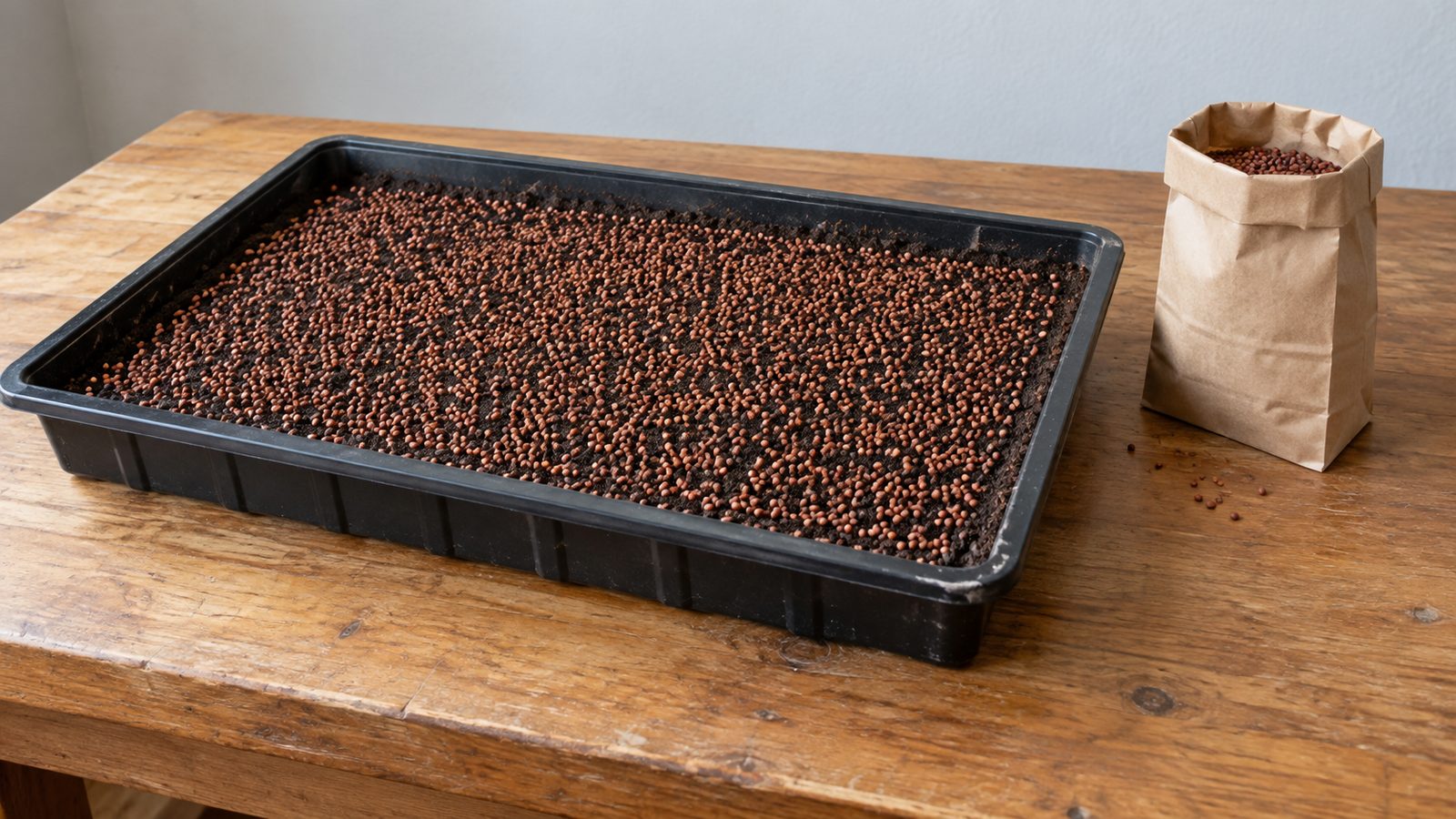 Black full size growing tray freshly sown with an even layer of radish seed on moist dark growing mix, beside a plain folded paper bag of seed on a clean wooden work table