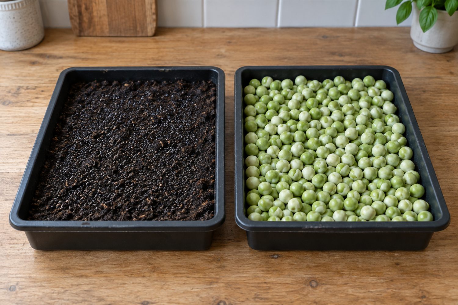 Two sown trays side by side on a table, one with tiny black basil seeds scattered thinly over moist growing mix and one packed tightly with large round soaked pea seeds