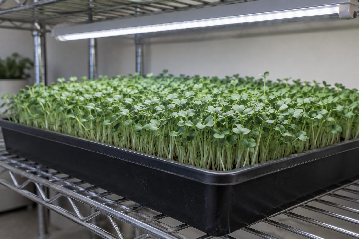 Finished tray of broccoli microgreens with an even, level green canopy of open seed leaves on a wire grow shelf under a slim LED light bar