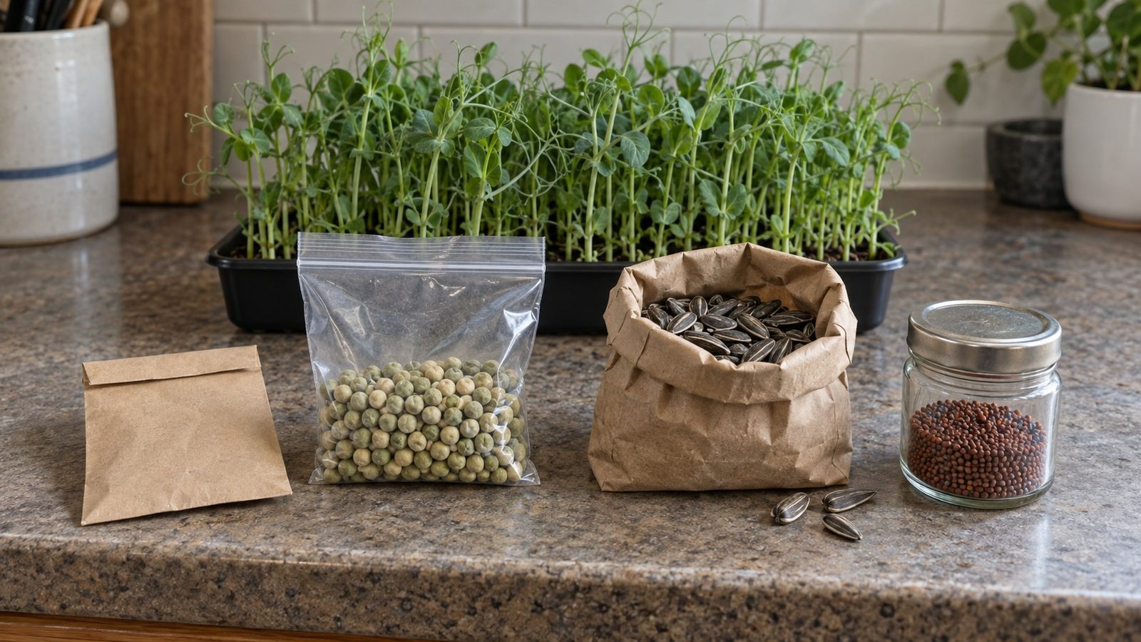 Kitchen counter with a plain paper seed packet, a clear bag of whole dried green peas, a plain paper bag of striped sunflower seed and a small glass jar of radish seed lined up in front of a shallow tray of pea shoots