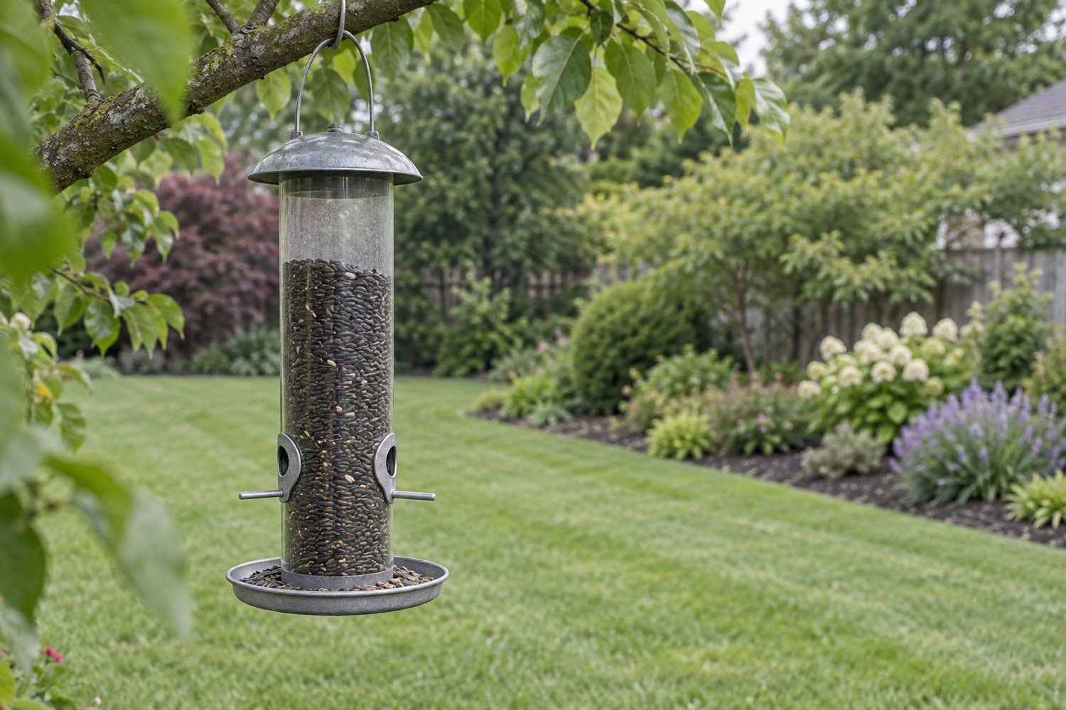 Clear plastic tube bird feeder full of black oil sunflower seed hanging from a tree branch above a tidy backyard garden