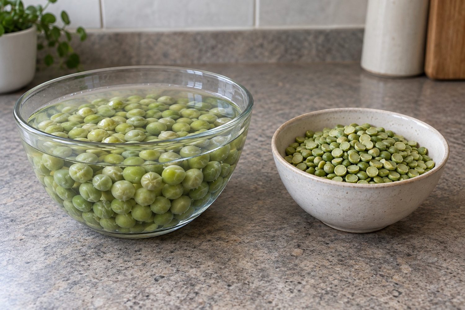 Clear glass bowl of plump whole green peas swelling in water next to a bowl of dry flat green split peas on a kitchen counter