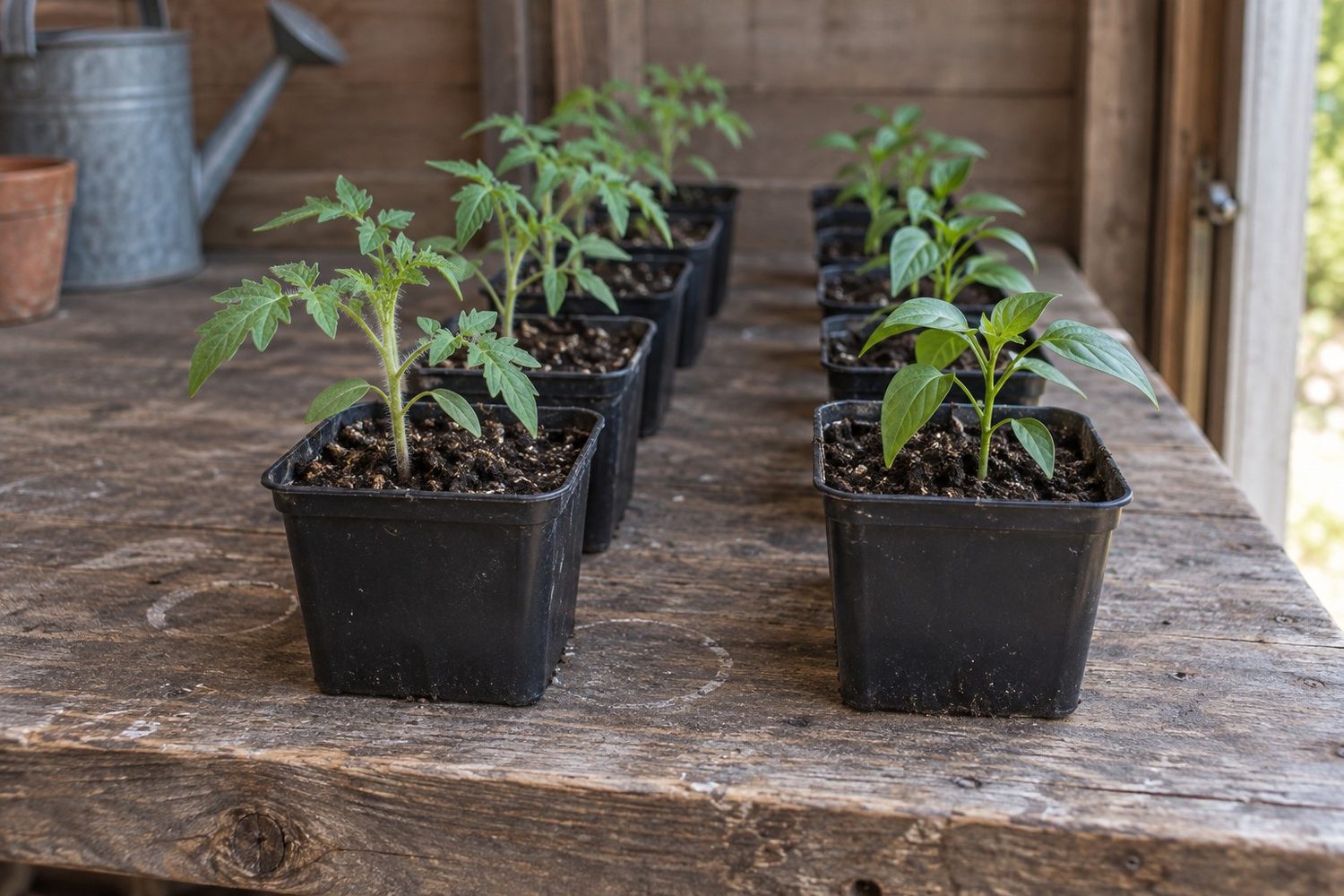 Rows of small individual pots holding young tomato and pepper seedlings with their first true leaves on a weathered wooden potting bench