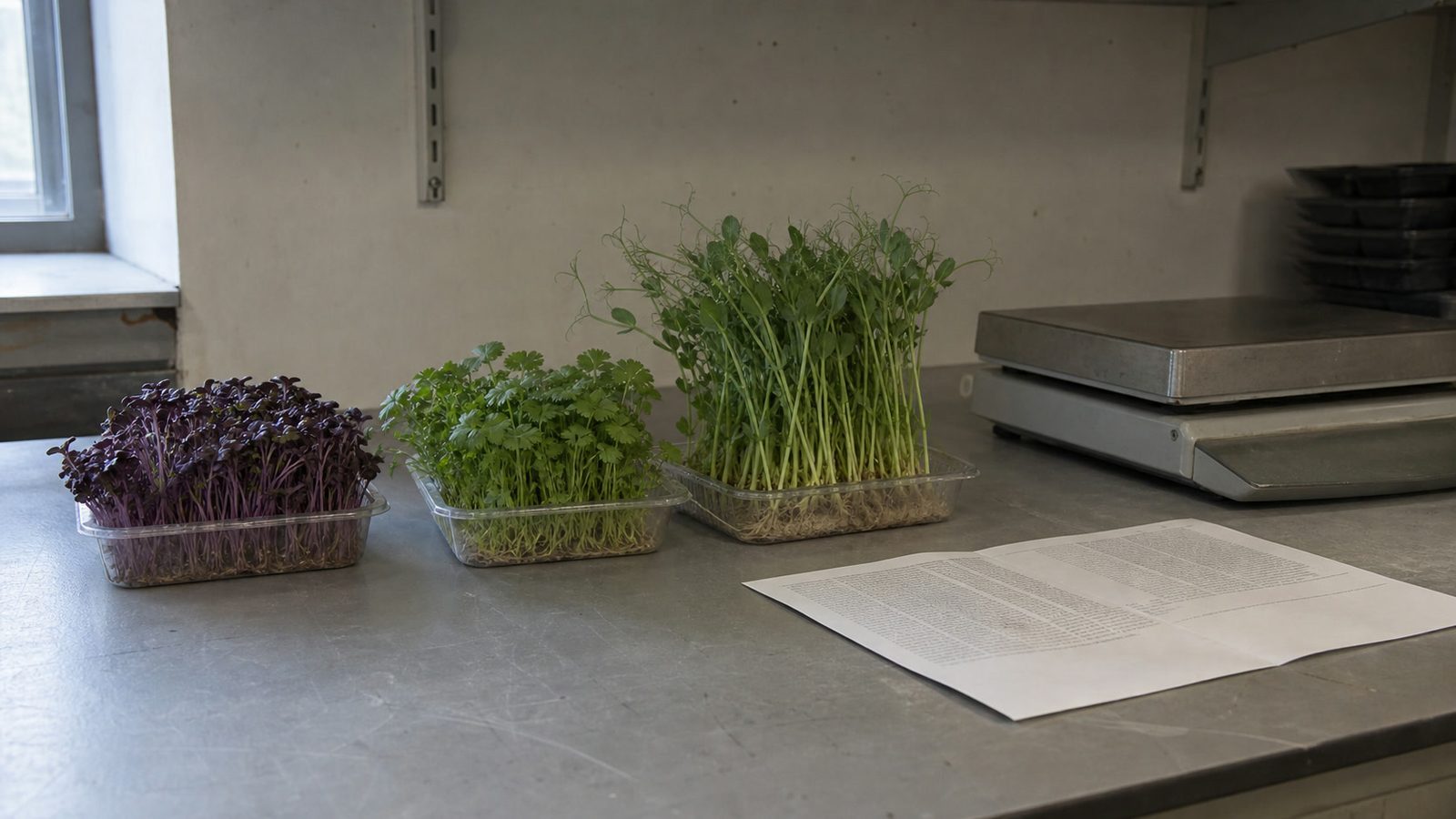 A working laboratory bench in flat daylight holding three clear punnets of deep purple red cabbage, fine green cilantro and tall green pea shoots, beside a flat laboratory balance and a printed results sheet lying at a shallow angle with its type too fine to read, photographed level with the bench
