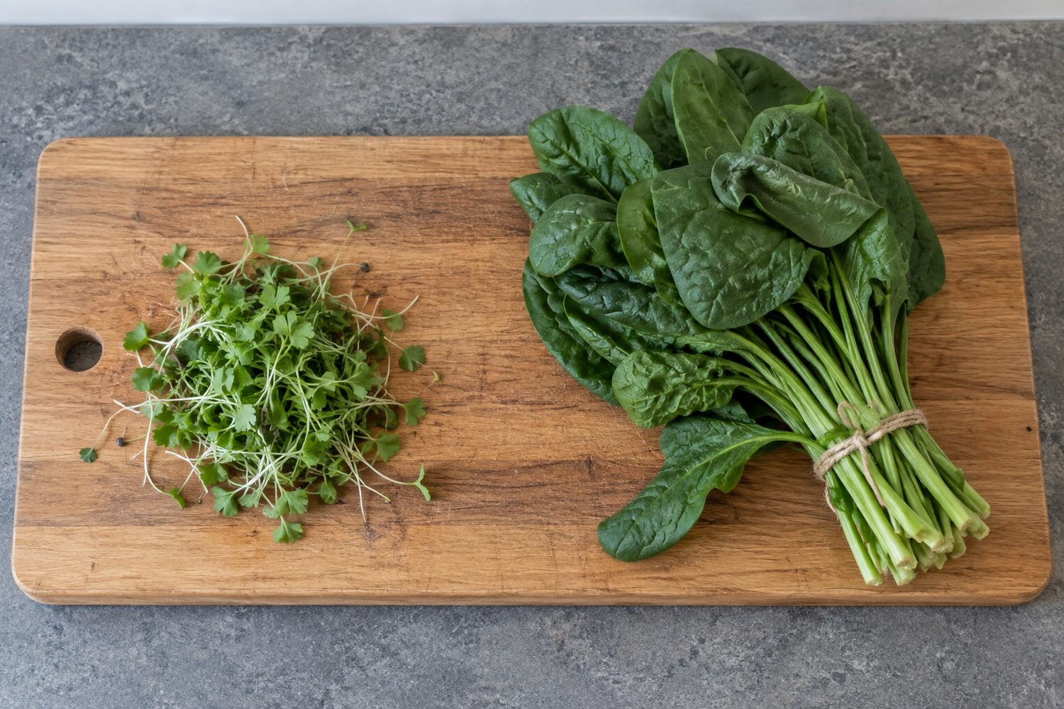 Wooden cutting board holding a small pile of fresh cilantro microgreens on one side and a bunch of mature dark green spinach leaves on the other