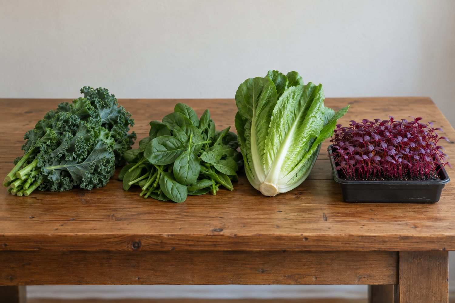 Kitchen table arranged with a bunch of curly kale, a bunch of spinach, a head of romaine and a small living tray of garnet amaranth microgreens