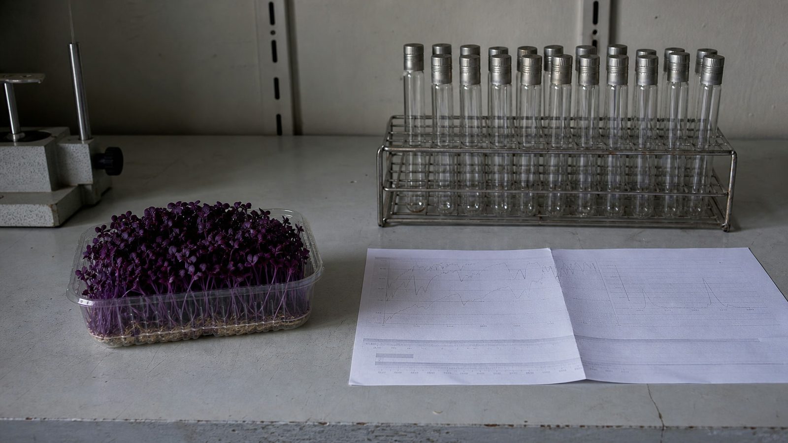 A working laboratory bench in flat daylight holding a clear punnet of deep purple red cabbage microgreens beside a rack of empty capped glass sample tubes and a printed chart lying at a shallow angle, its type and plotted lines too fine to read, photographed level with the bench