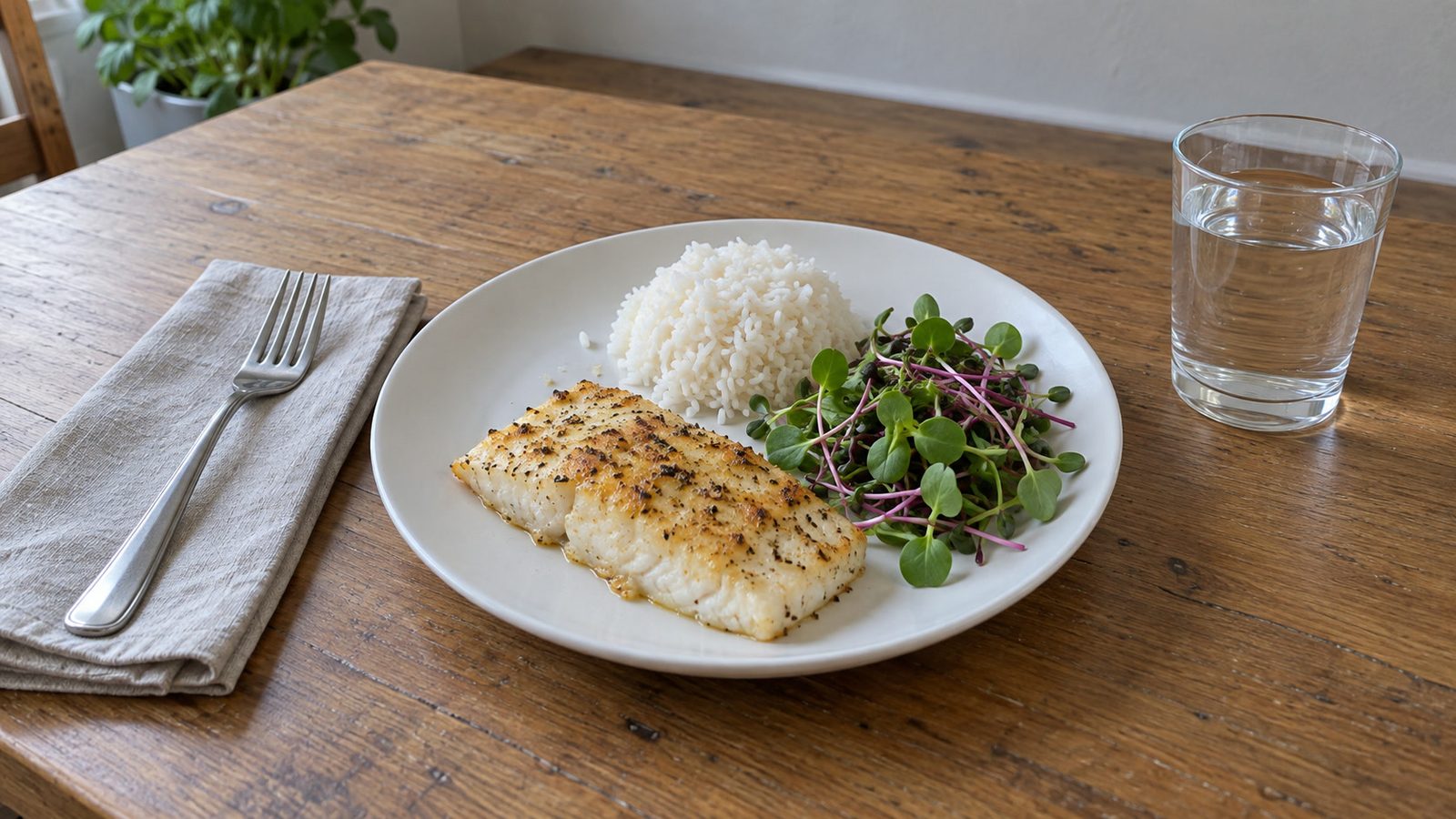 White dinner plate on a wooden kitchen table holding a baked white fish fillet, a scoop of white rice and a small neat pile of sunflower and pink stemmed radish microgreens, with a glass of water beside it
