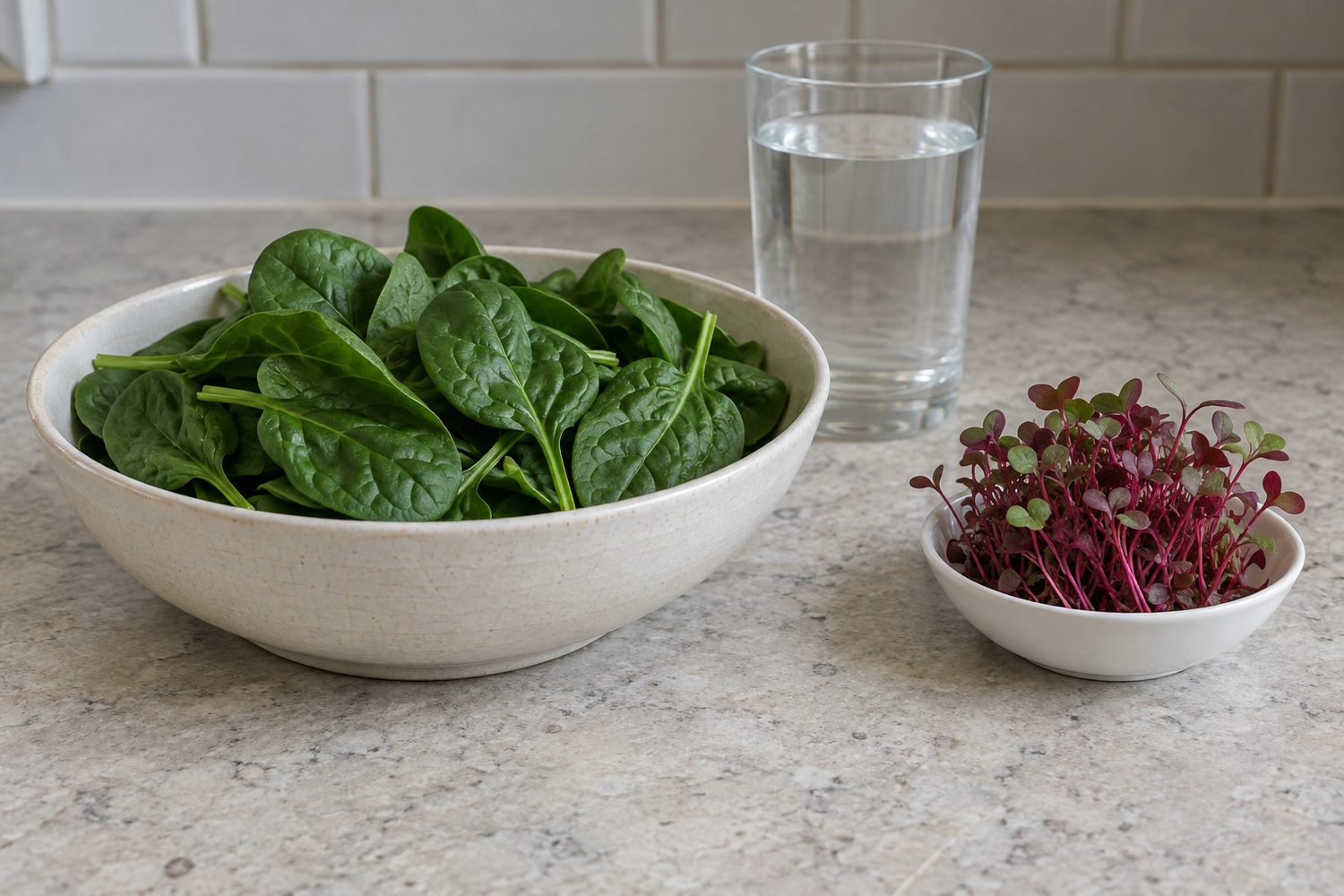 Wide ceramic bowl of mature green spinach leaves on a kitchen counter beside a small dish of magenta red amaranth microgreens and a glass of water