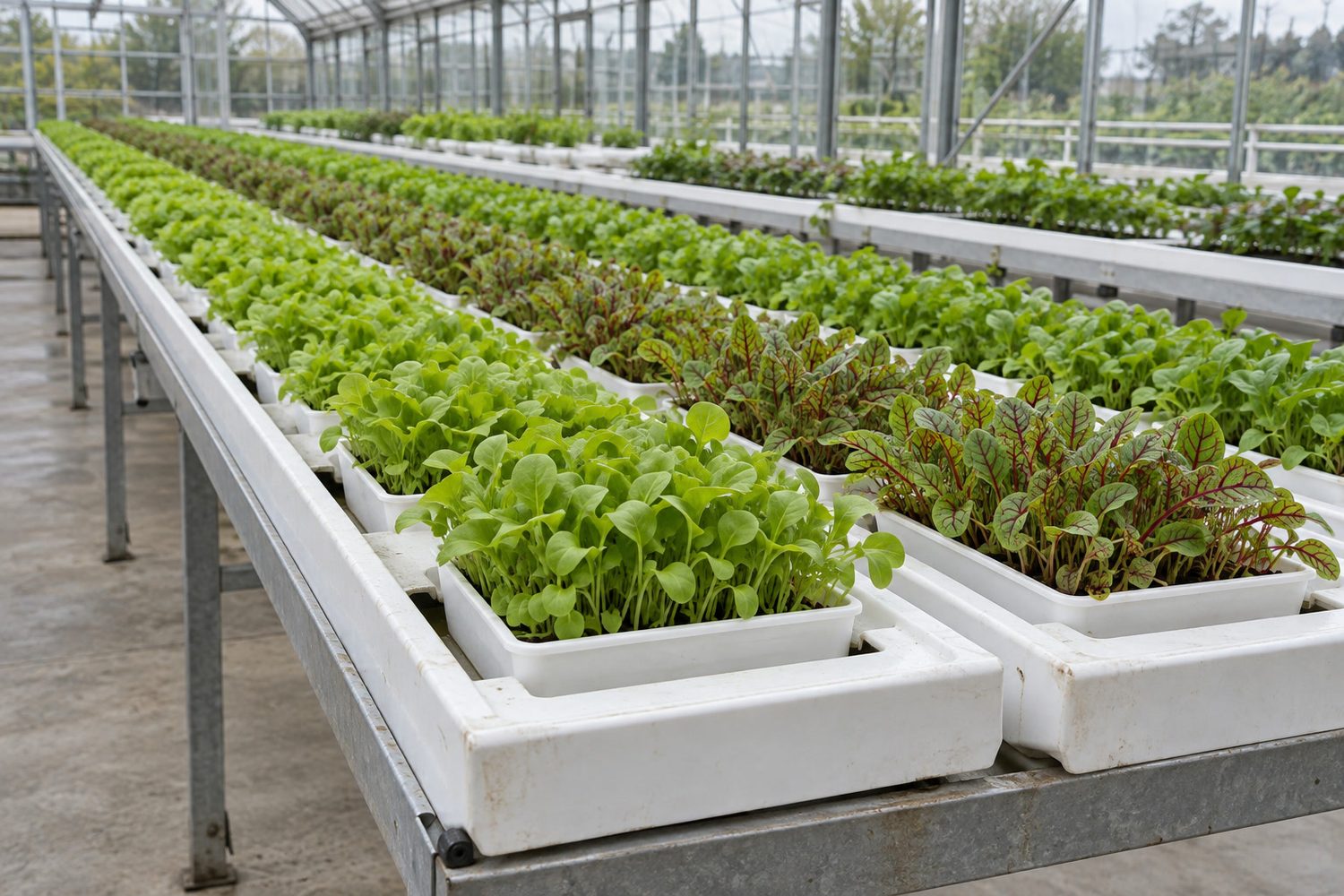 Clean research greenhouse bench with rows of small shallow trays of green lettuce microgreens and red veined chicory microgreens sitting in white nutrient channels