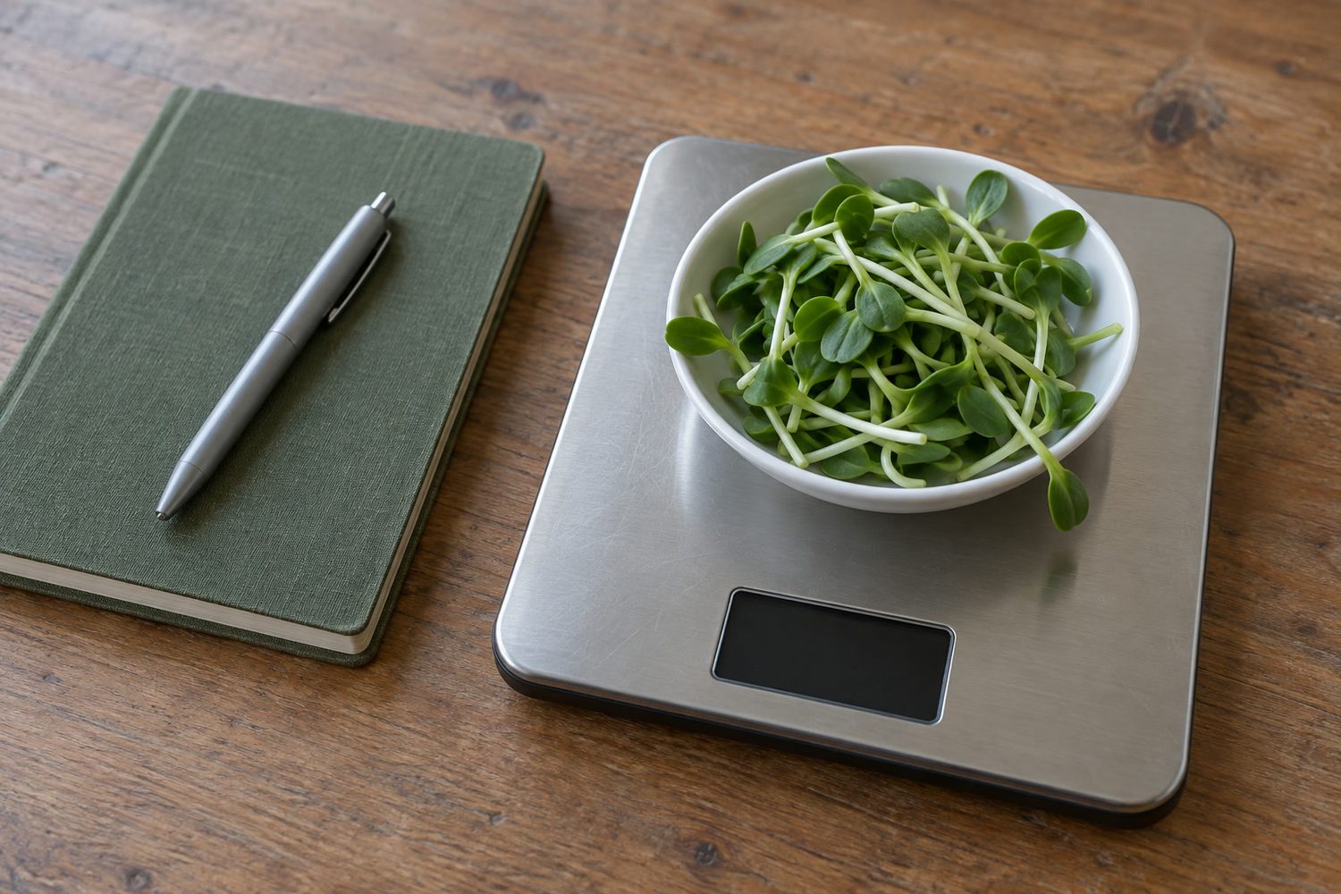 Small white dish of sunflower microgreens resting on a flat digital kitchen scale with its display dark, beside a closed plain notebook on a wooden kitchen table