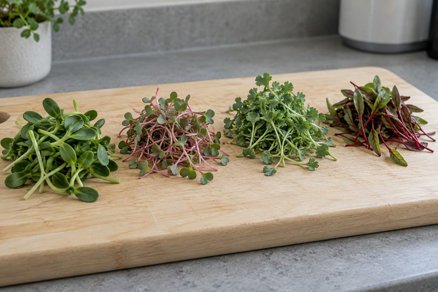 Pale wooden cutting board with four small separate piles of fresh microgreens in a row: sunflower shoots, pink stemmed radish, kale and red stemmed beet