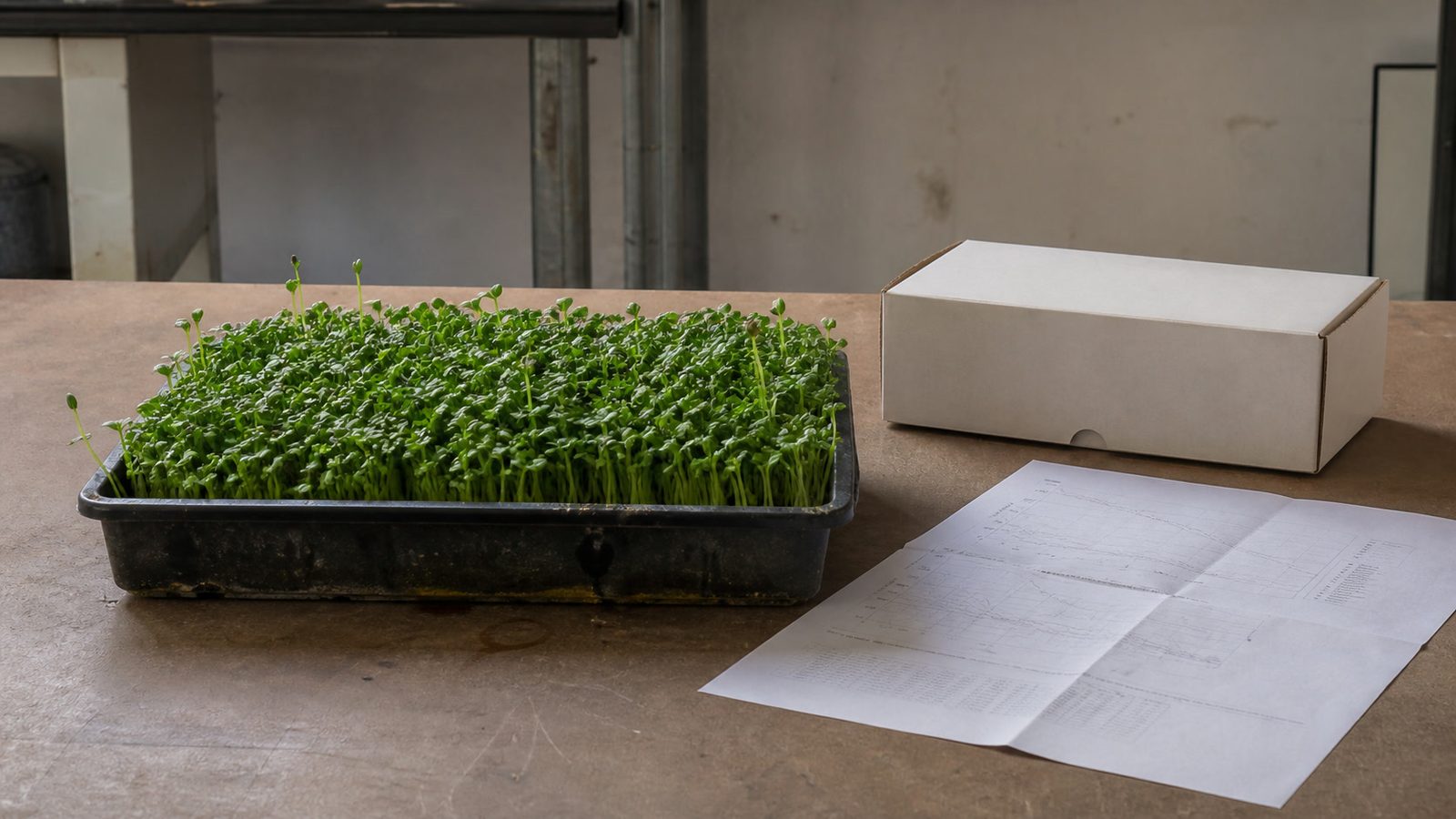 A 1020 tray of dense ten day old green broccoli microgreens on a working laboratory bench in flat daylight, beside a plain unopened sample collection kit box and a printed chart lying at a shallow angle with its type too fine to read, photographed level with the bench